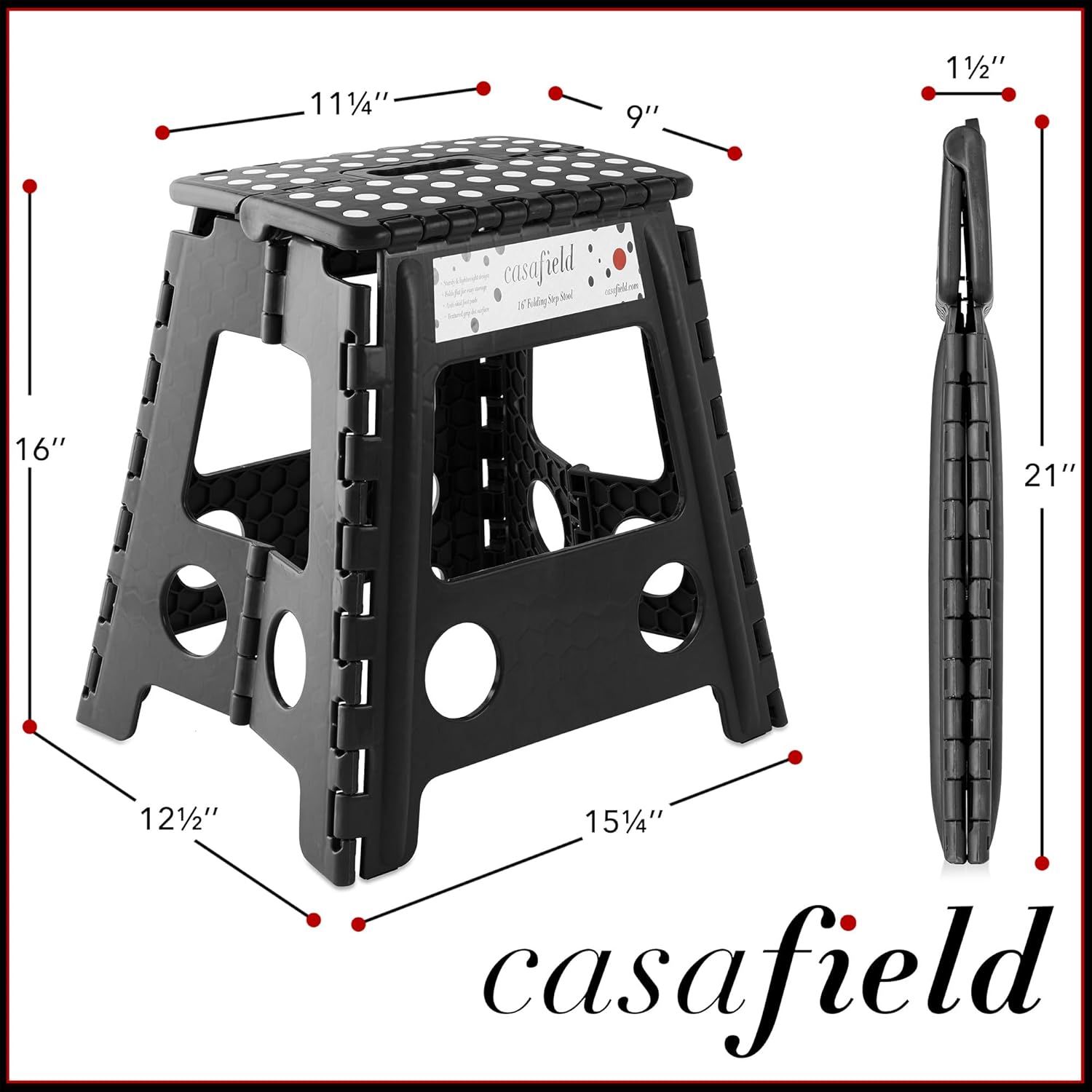 Casafield Taburete plegable de 16 pulgadas con asa, negro, portátil, plegable, pequeño taburete de plástico para adultos, uso en la cocina, baño y