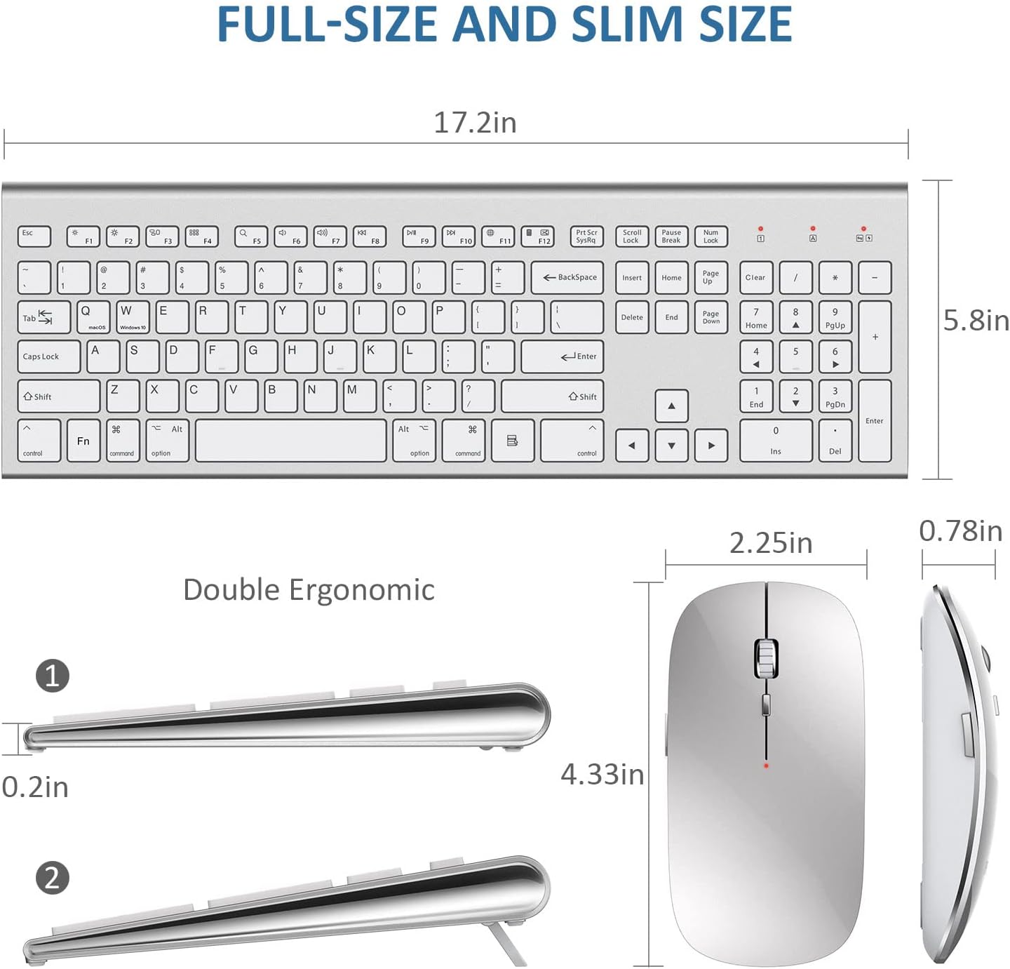 FEDARFOX – Combo de teclado y mouse inalámbricos, ergonómico de conmutación de sistema doble, delgado, compacto, de tamaño completo, teclado