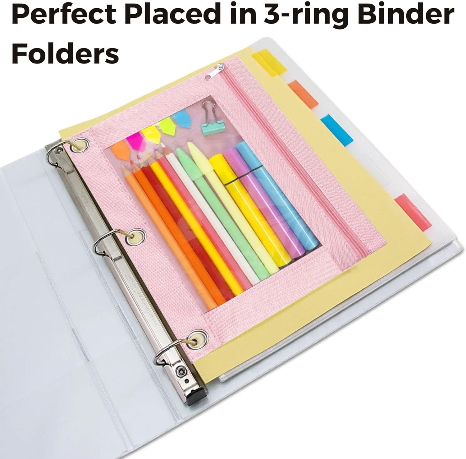 Estuche para lápices con 3 anillos, con cremallera, estuche para lápices (rosa, 1)