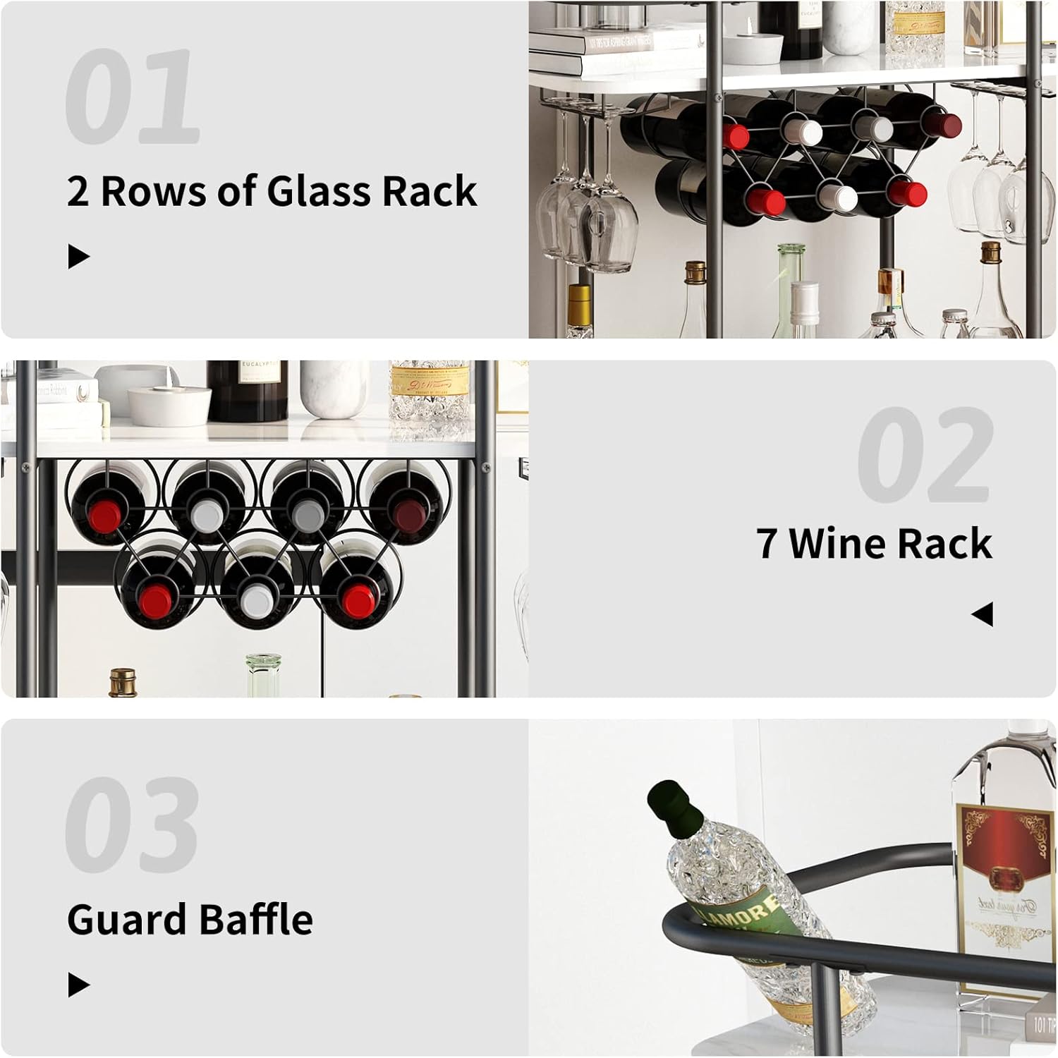 Benoss Black Home – Carrito de bar con ruedas, carrito de vino móvil con soporte para vidrio y estante para vino, moderno carrito de bebidas para