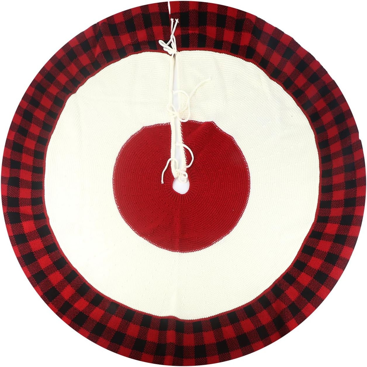 Falda de árbol de Navidad, 47 pulgadas, falda de árbol rojo de punto con cordones para decoraciones rústicas de Navidad, cuadros