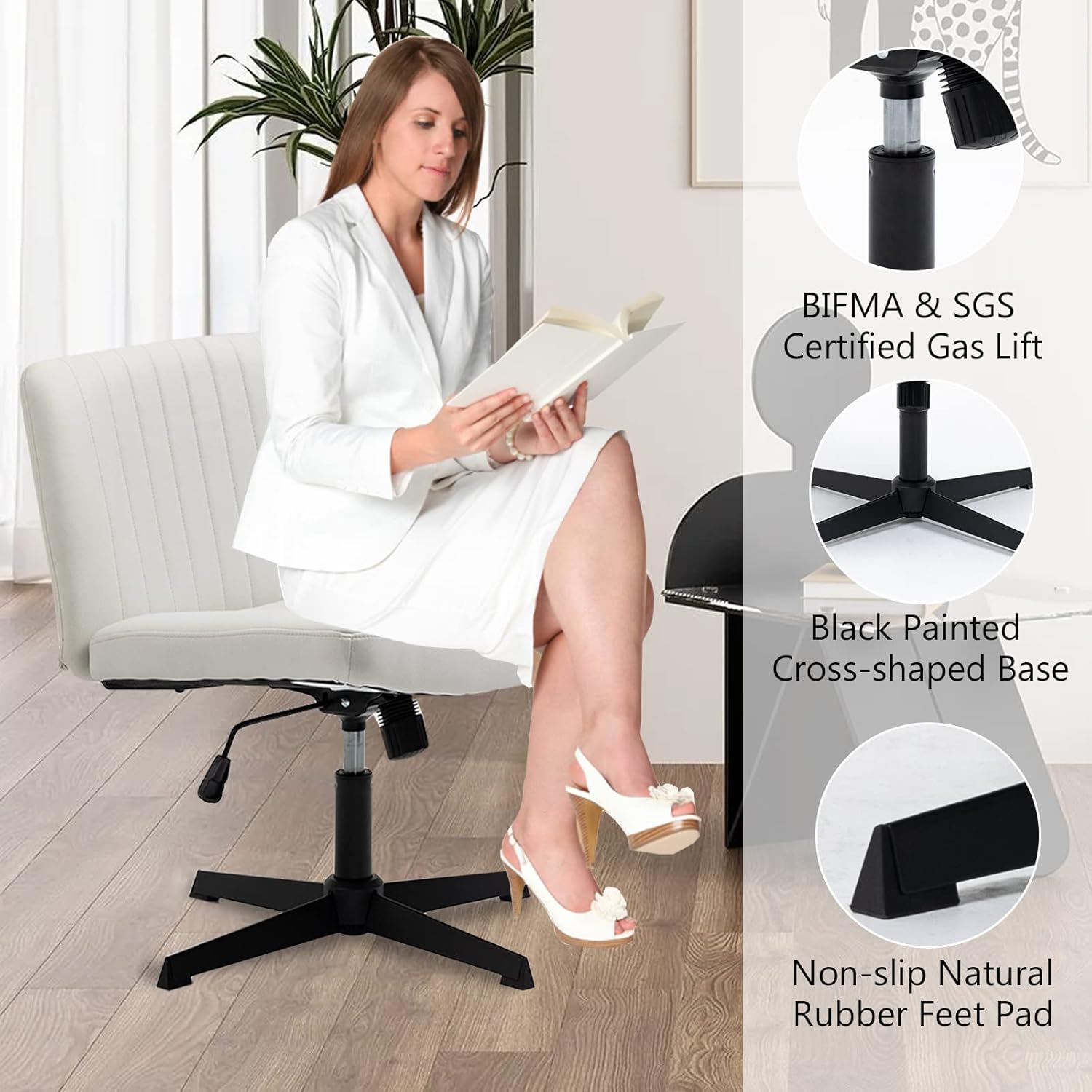 Pvillez Silla de escritorio de oficina sin ruedas, de piel sintética, sin brazos, silla de escritorio para oficina en casa, asiento ancho, silla de