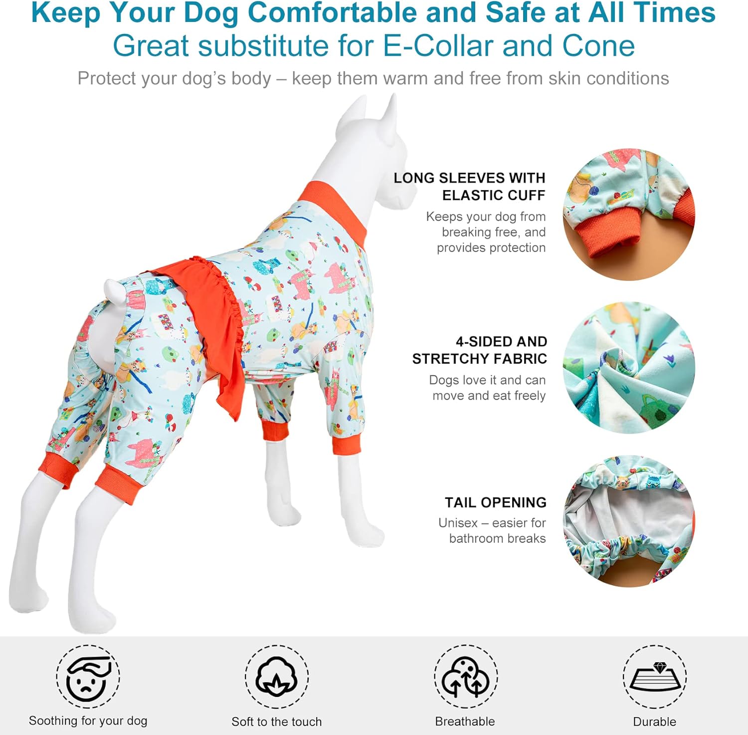 LovinPet Pijamas para perros Pitbulls  Protección UV, camisa de recuperación posoperatoria, tela elástica de punto ligero, estampado de alpaca
