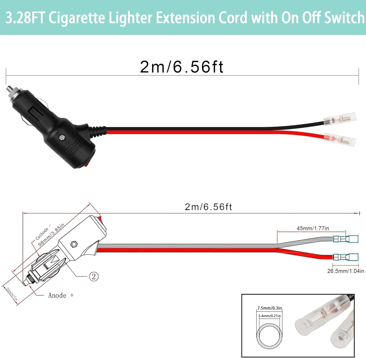 GELRHONR Enchufe macho de repuesto para encendedor de cigarrillos de 12 voltios con cables y luz LED, cable de extensión de encendedor de
