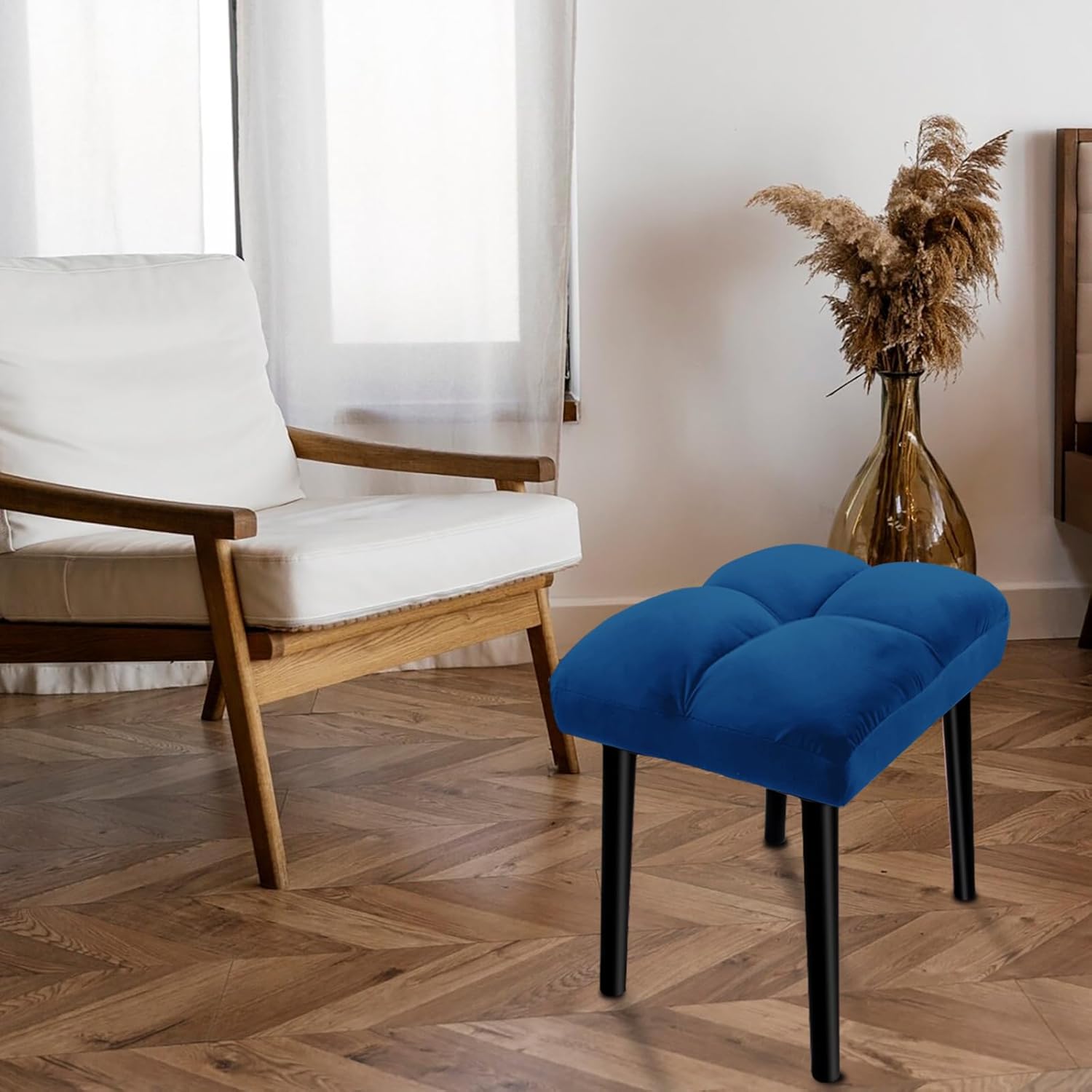 HOUCHICS Taburete otomano suave azul, taburete cuadrado de maquillaje con patas de madera, pequeña silla otomana para tocador, asiento acolchado