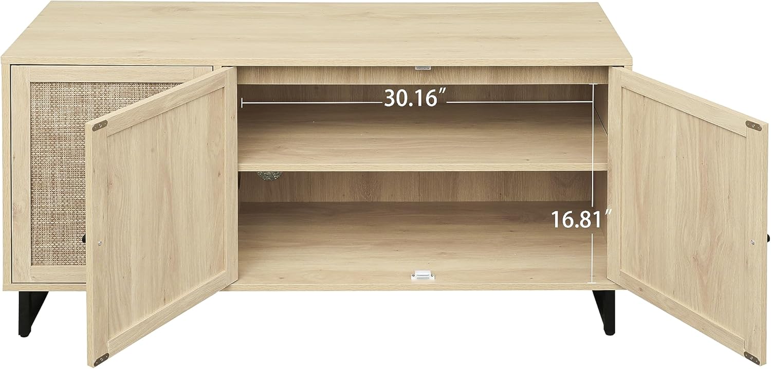 ZeHuoGe Aparador de buffet con 3 puertas decoradas de ratán, gabinete de buffet, armario de ratán con patas de metal para sala de estar, pasillo,