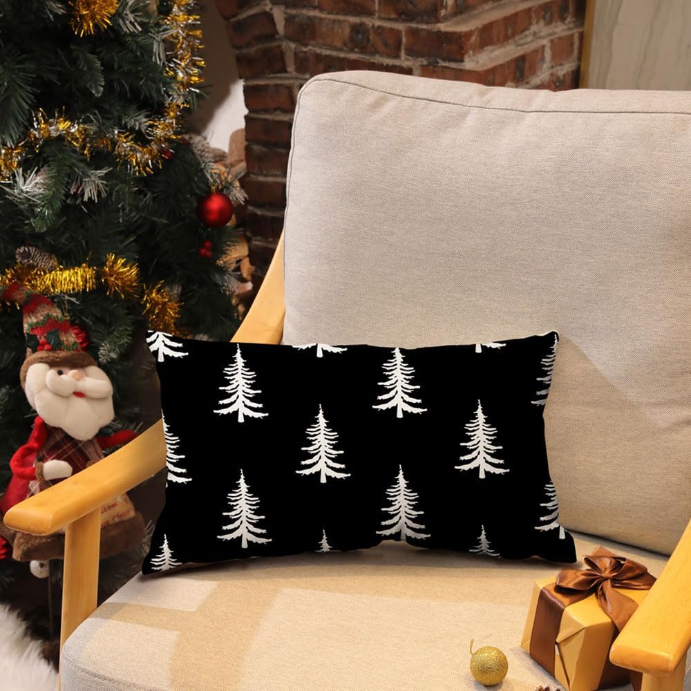 DFXSZ Fundas de almohada navideñas de 12 x 20 pulgadas, decoración de árbol de Navidad, color negro, decoración familiar de invierno para el sofá