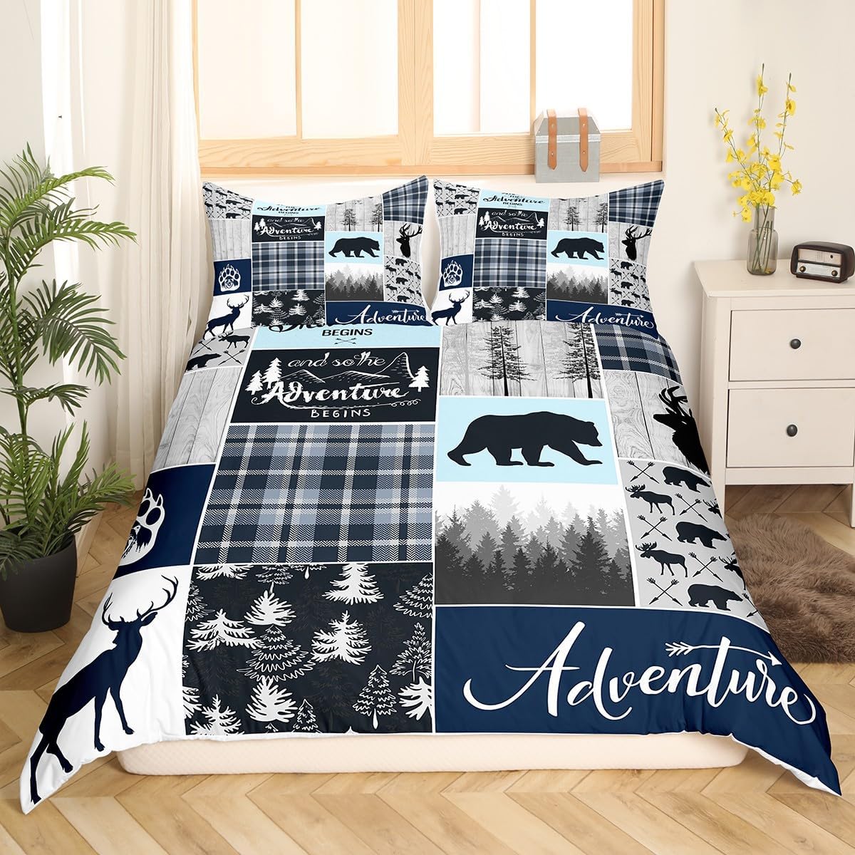 Juego de ropa de cama de cabaña de granja, funda de edredón rústica de oso y ciervo, tamaño Queen, funda de edredón de retazos de bosque para niños,