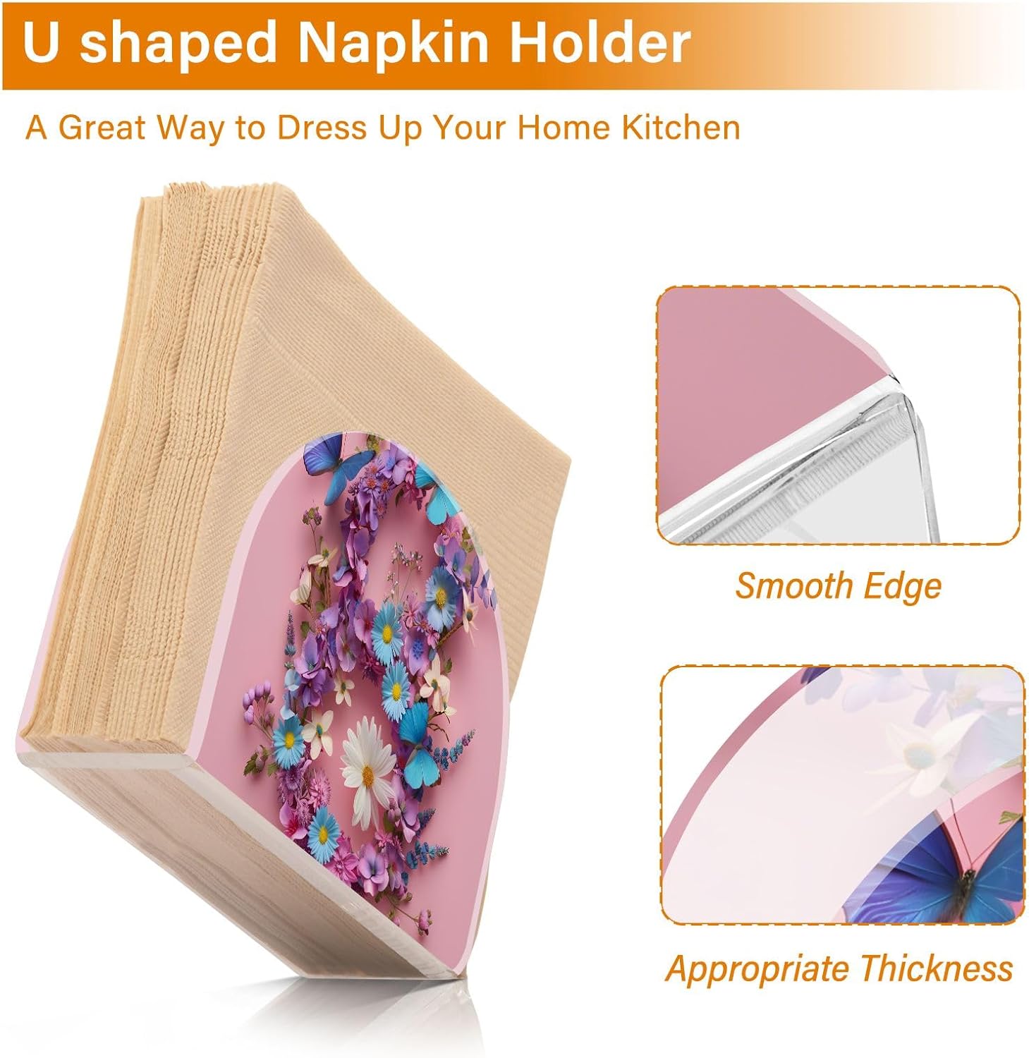 Napkin Holder 2 Pack, Mother’s Day Flowers and Butterflies Acrylic Napkin Holders for Tables, Upright Paper Napkin Holder Dispenser for Kitchen