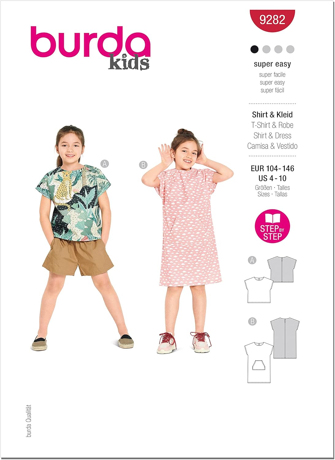 Burda Style Easy – Vestido sin mangas y camiseta para niños, código 9282, kit de patrón de costura, tallas 4-10, multicolor