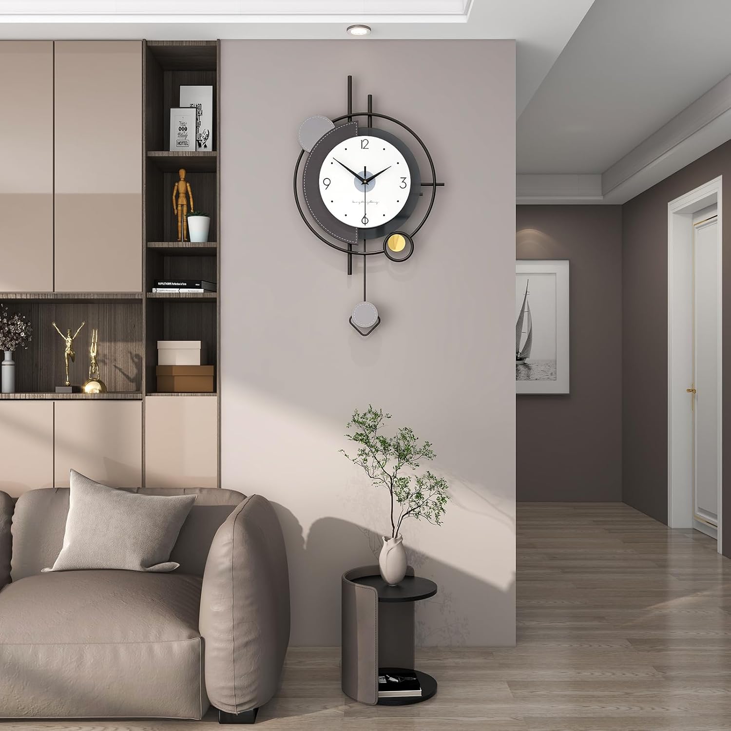 FLEBLE Relojes de pared modernos para decoración de sala de estar, reloj de pared de péndulo grande, funciona con pilas, sin tictac, silencioso para
