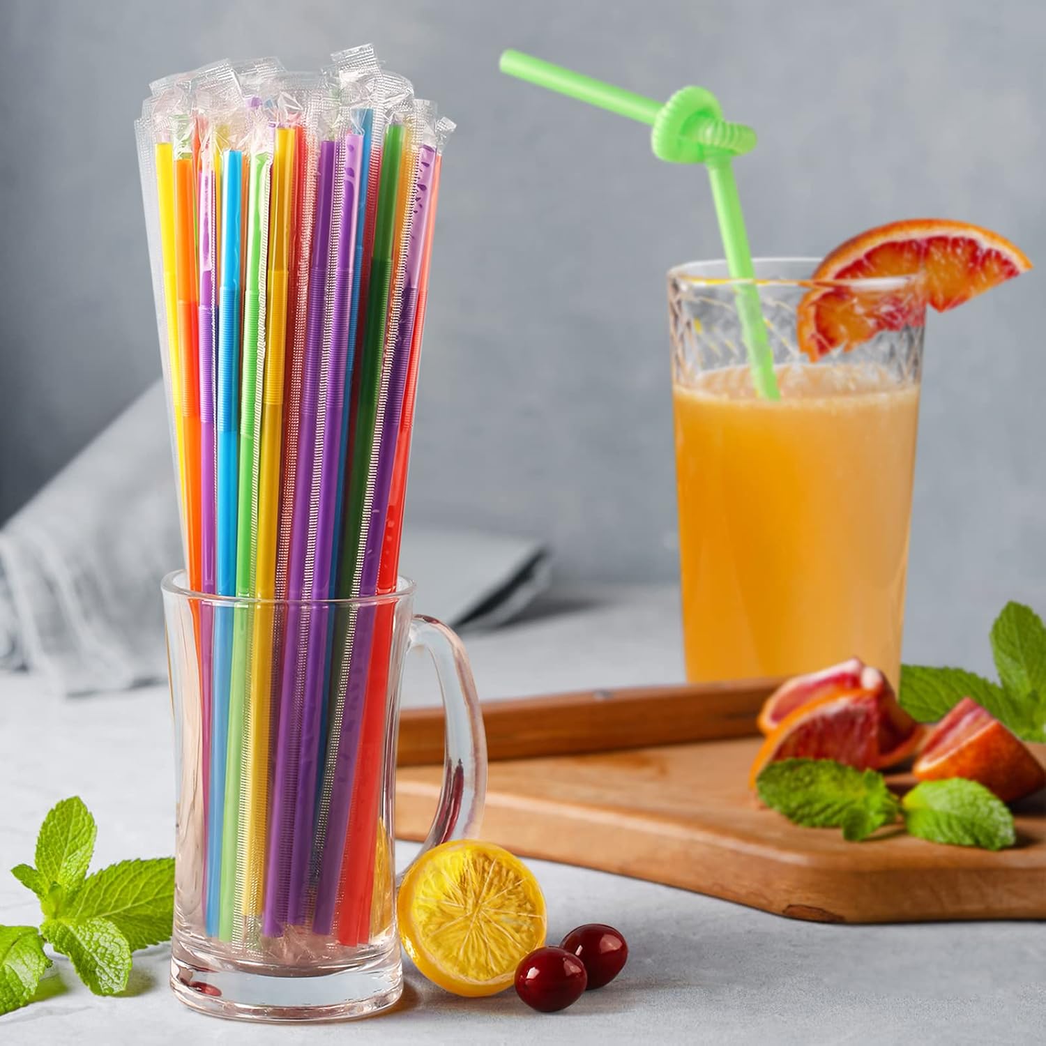 300 pajitas de plástico flexibles y coloridas, (envueltas individualmente), pajitas flexibles desechables, (9.45 pulgadas de largo y 0.23 pulgadas