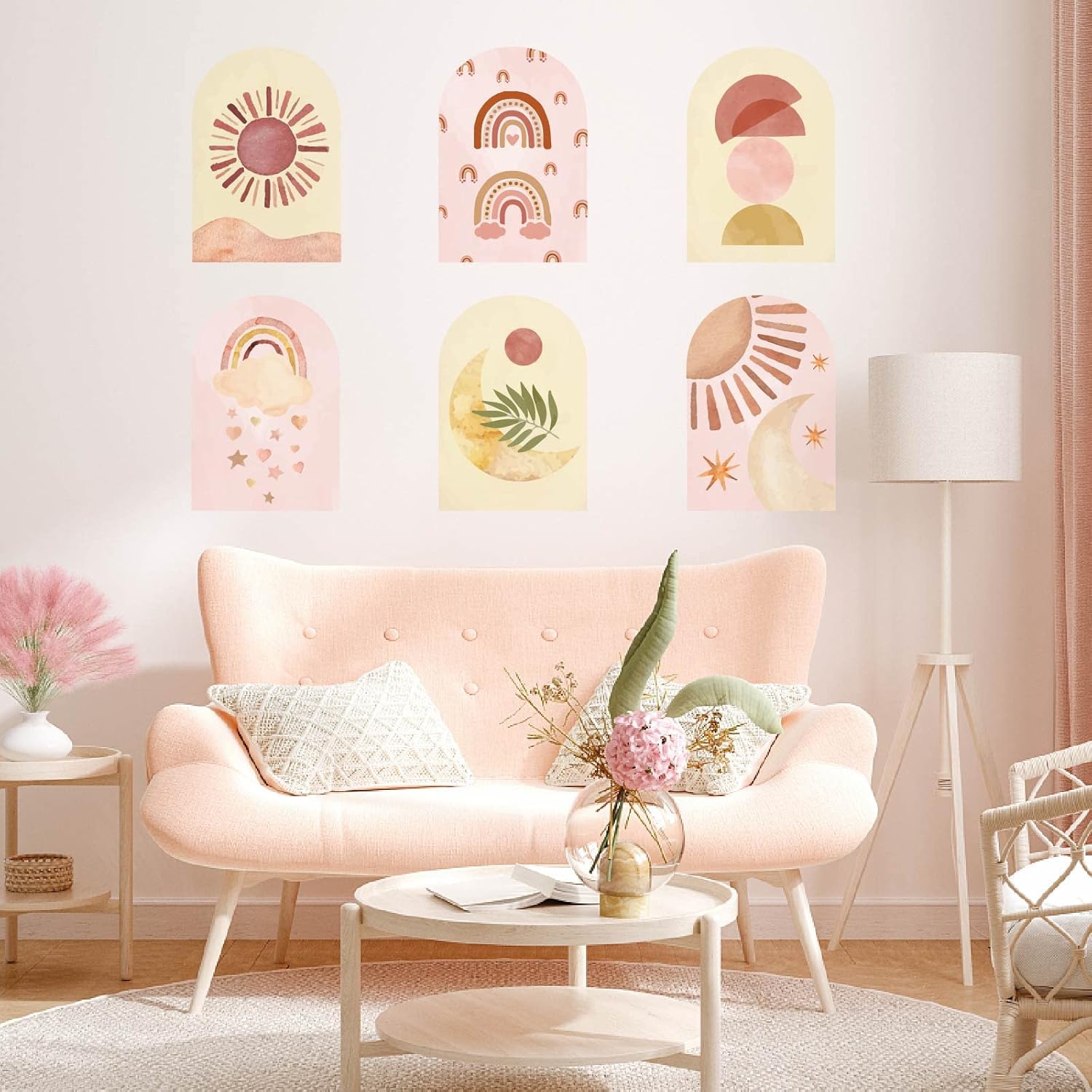 6 calcomanías de pared boho Stlye Sun Moon Star para pared, calcomanías de pared para despegar y pegar, adhesivo de vinilo extraíble para guardería,