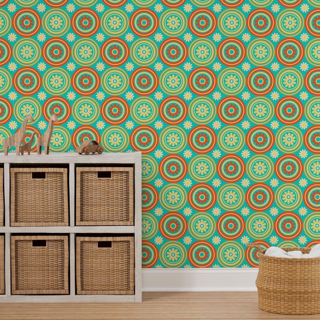 Spoonflower Peel & Stick Wallpaper 3ft x 2ft – Retro Floral Tile Circles Mid Century Midcentury Modern Turquoise Orange Yellow Vintage Geometric