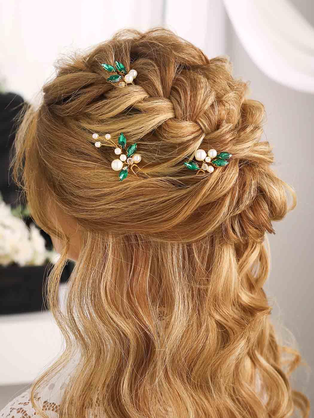 Casdre Horquillas para el pelo de perlas doradas y verdes con diamantes de imitación para novias, accesorios para el cabello de boda para mujeres y
