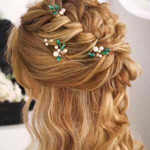 Casdre Horquillas para el pelo de perlas doradas y verdes con diamantes de imitación para novias, accesorios para el cabello de boda para mujeres y Casdre Horquillas para el pelo de perlas doradas y verdes con diamantes de imitación para novias, accesorios para el cabello de boda para mujeres y