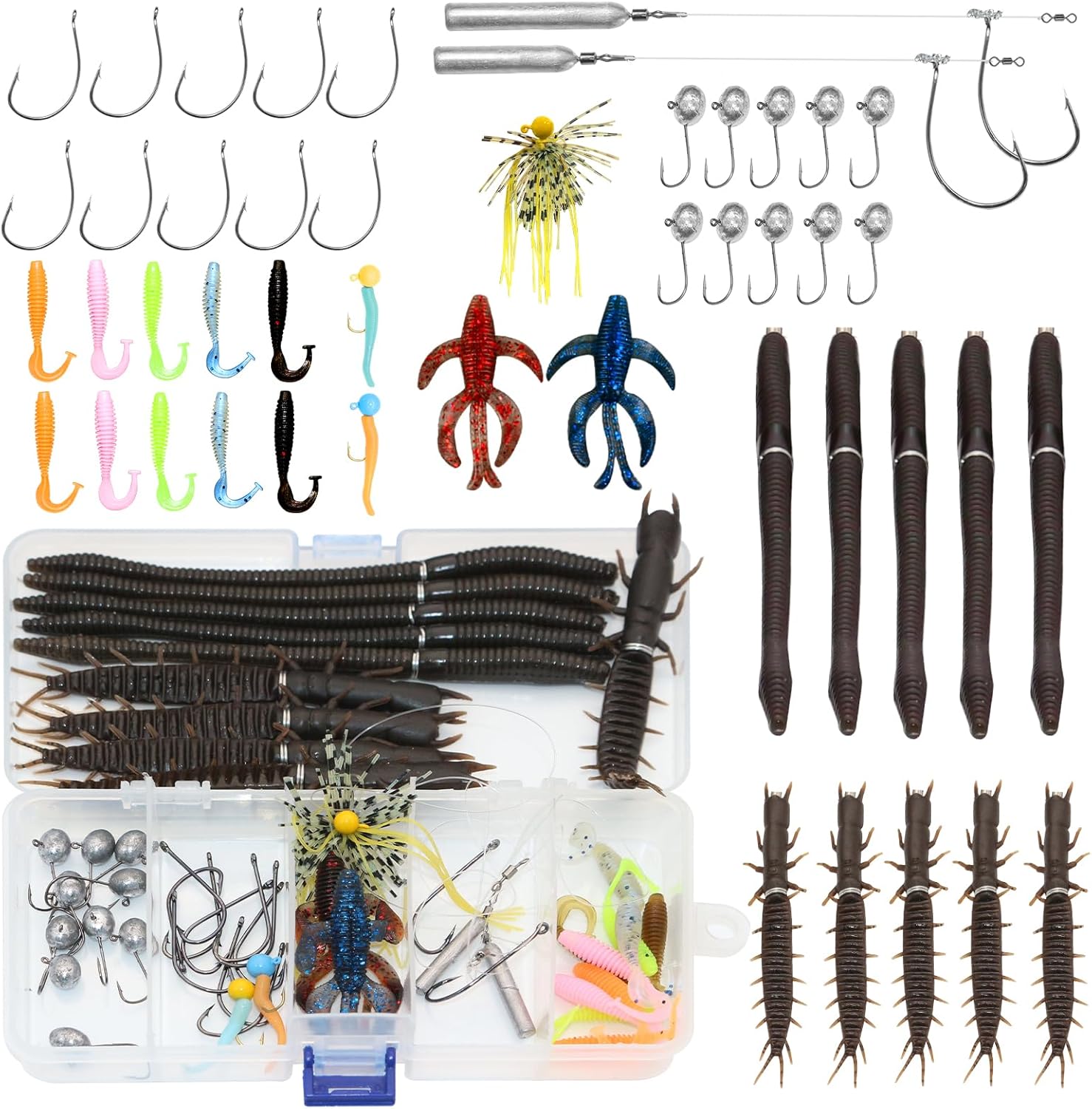 Kit de señuelos de pesca de lubina, 48 piezas, aparejos de pesca para lubina, cebos y señuelos de pesca, gusanos de plástico suave, ciempiés,