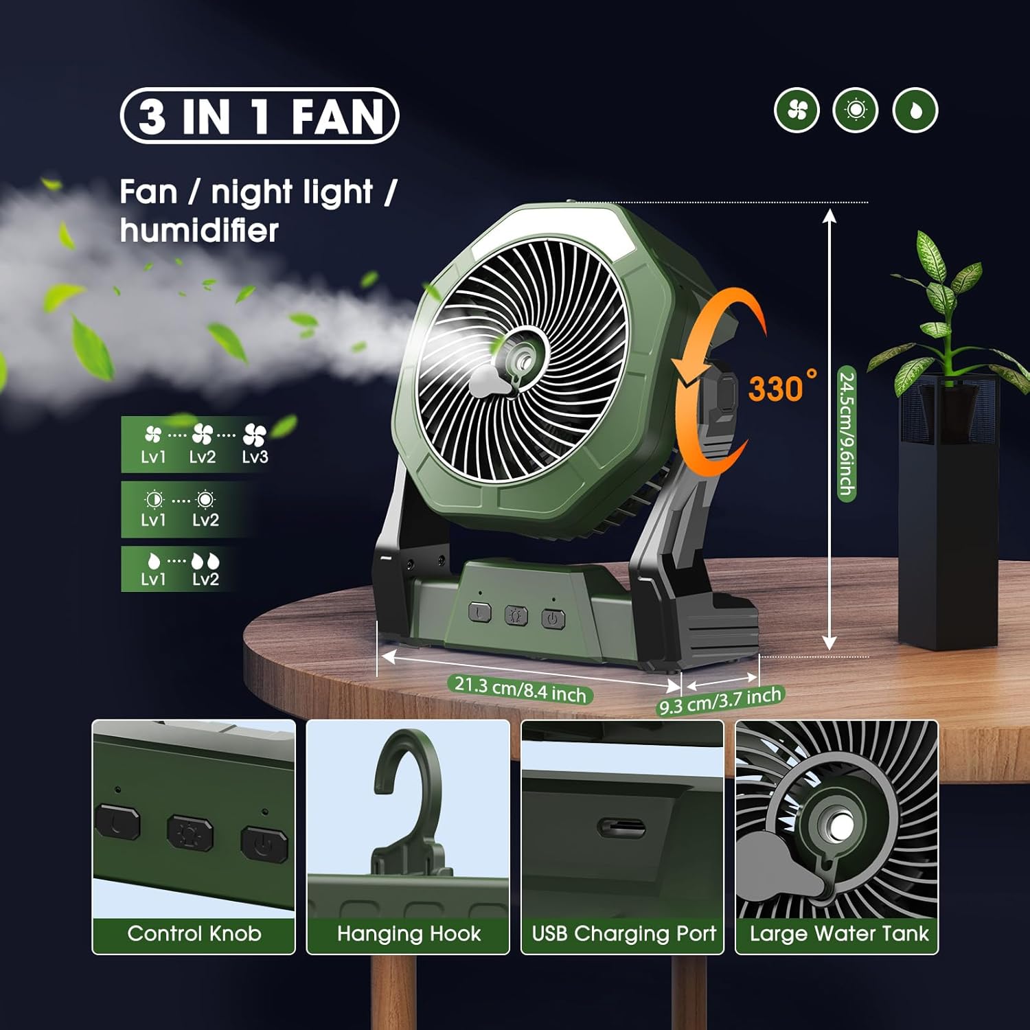 Ventilador solar de niebla de 10 W, ventilador de campamento de 10000 mAh portátil con panel solar y tanque de agua de 8.5 fl oz, ventilador de