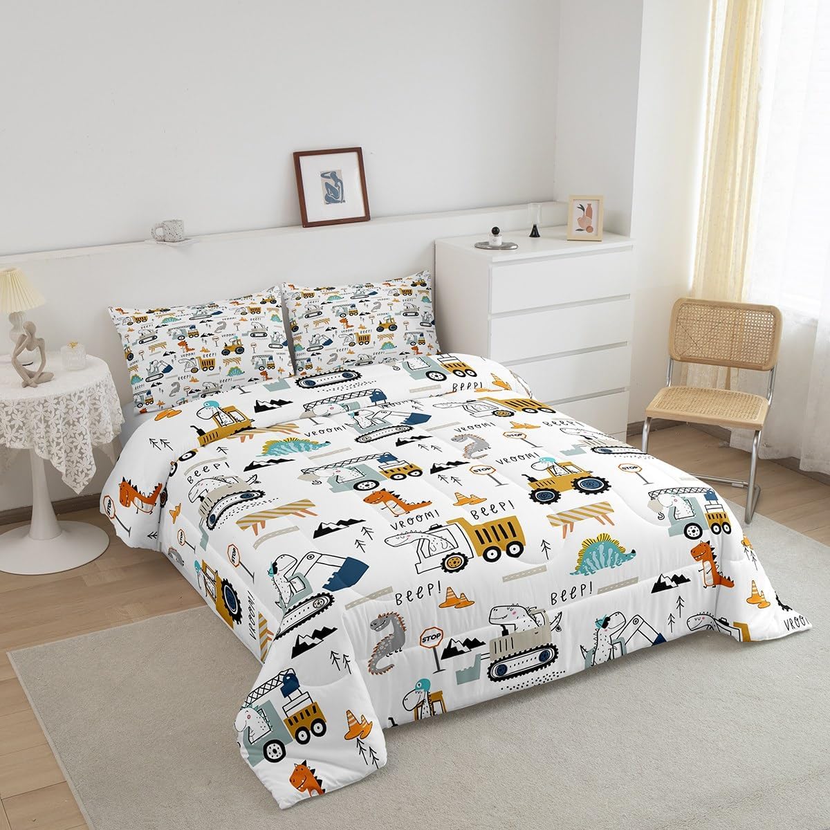 Feelyou Juego de ropa de cama de construcción, tamaño individual, con equipamiento de camiones, para niños y niñas, decoración de dinosaurios,