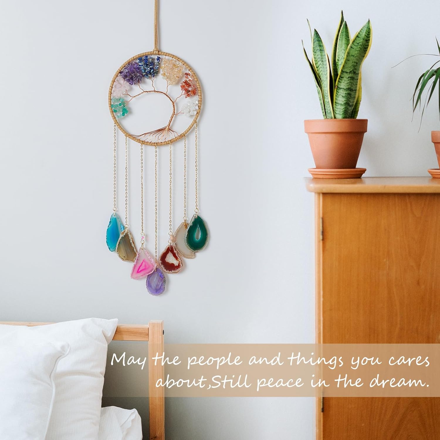 Atrapasueños de 7 ágata arcoíris con 7 chakras, árbol de la vida, atrapasueños con piedras de cristal curativo, decoración de pared hecha a mano