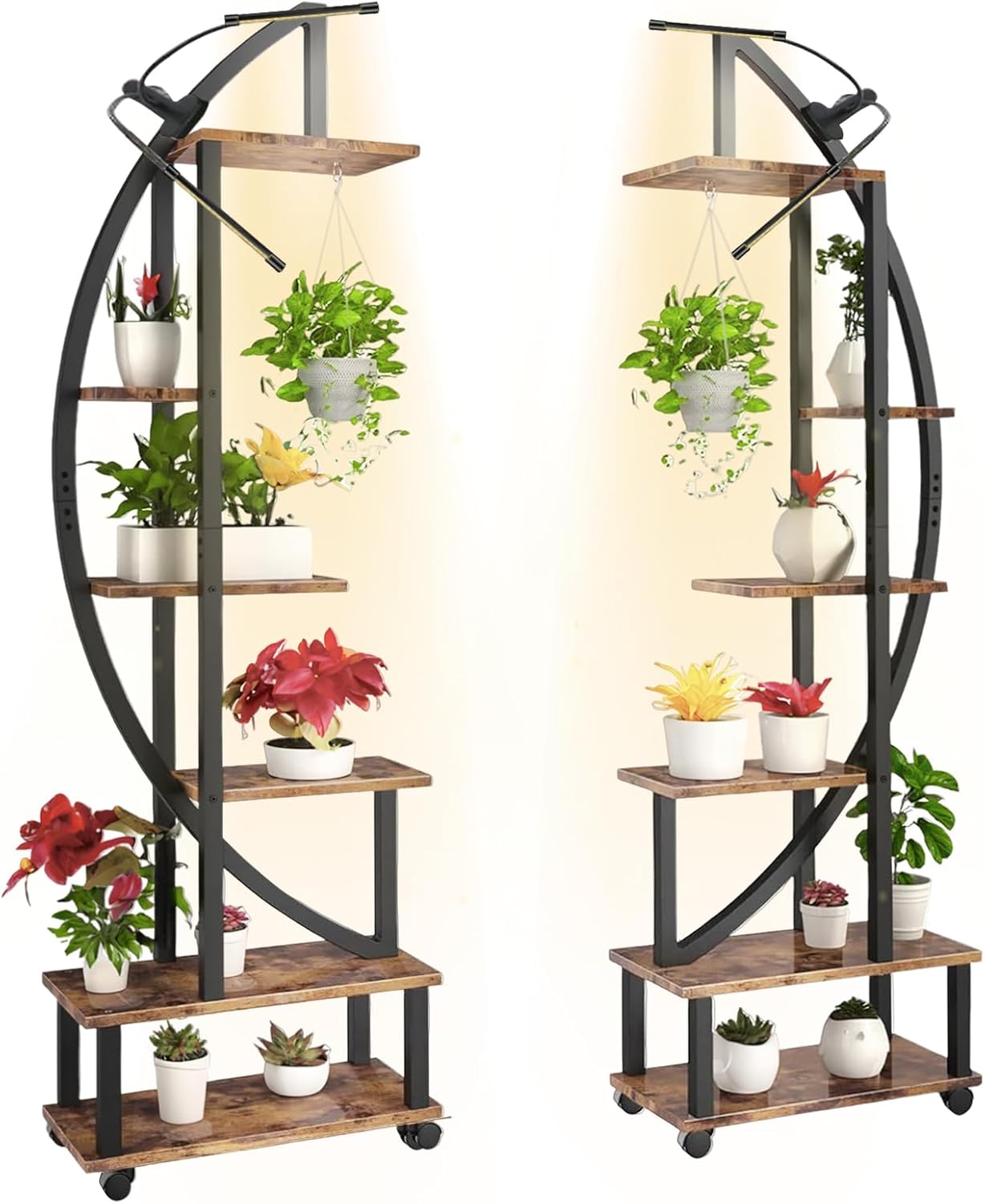 homegroove 2 soportes de metal de 6 niveles altos para plantas de interior con luz de crecimiento, estante grande en forma de media luna y ruedas
