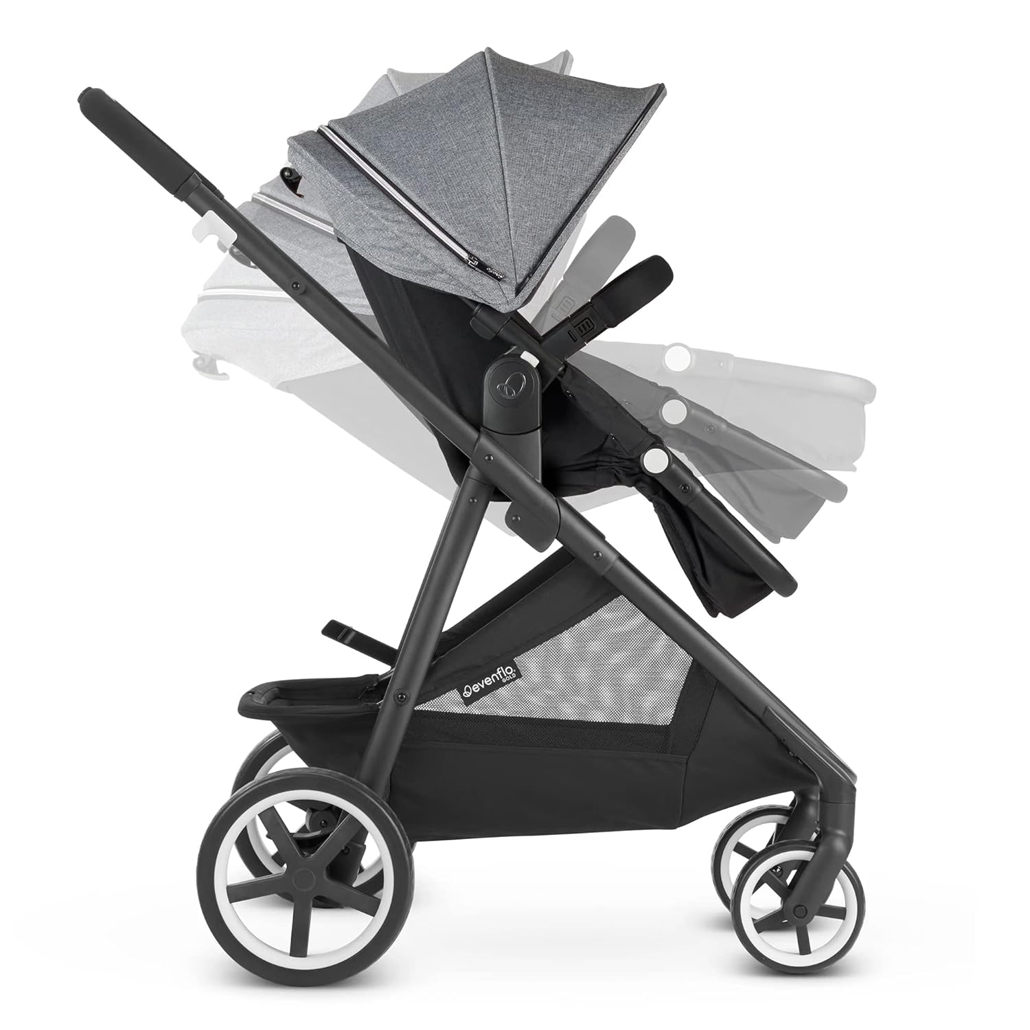 Evenflo Gold Shyft Travel Smart – Cochecito infantil con asiento de automóvil SecureMax con cesta de almacenamiento profunda y sensor seguro, gris