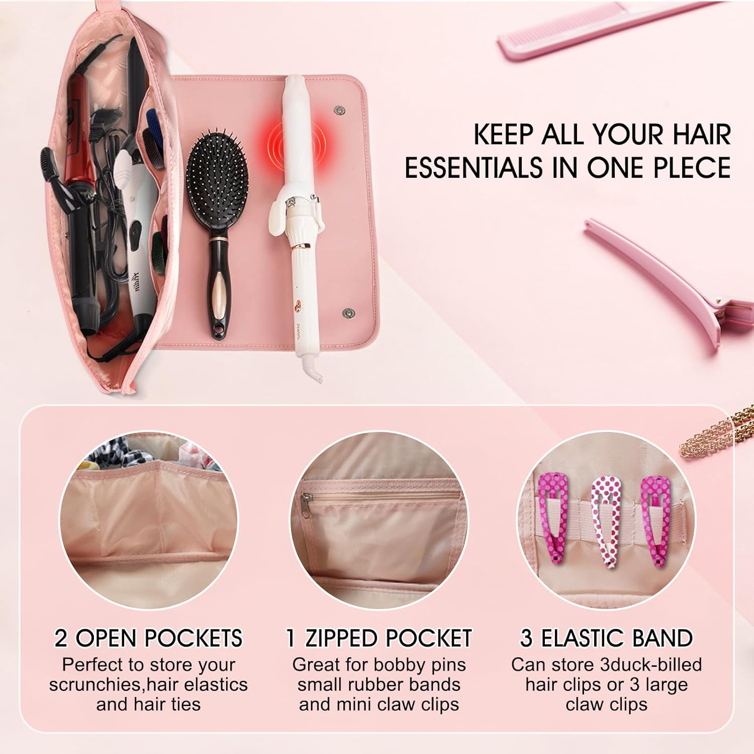 yuuzue Bolsa de viaje 2 en 1 para herramientas para el cabello con alfombrilla resistente al calor para herramientas para el cabello, rizador,