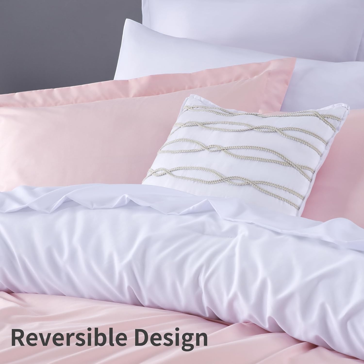 Kingsley trend Juego de edredón King de 7 piezas, ropa de cama tamaño King en bolsa, reversible, rosablanco, con edredón, sábanas planas y bajeras,