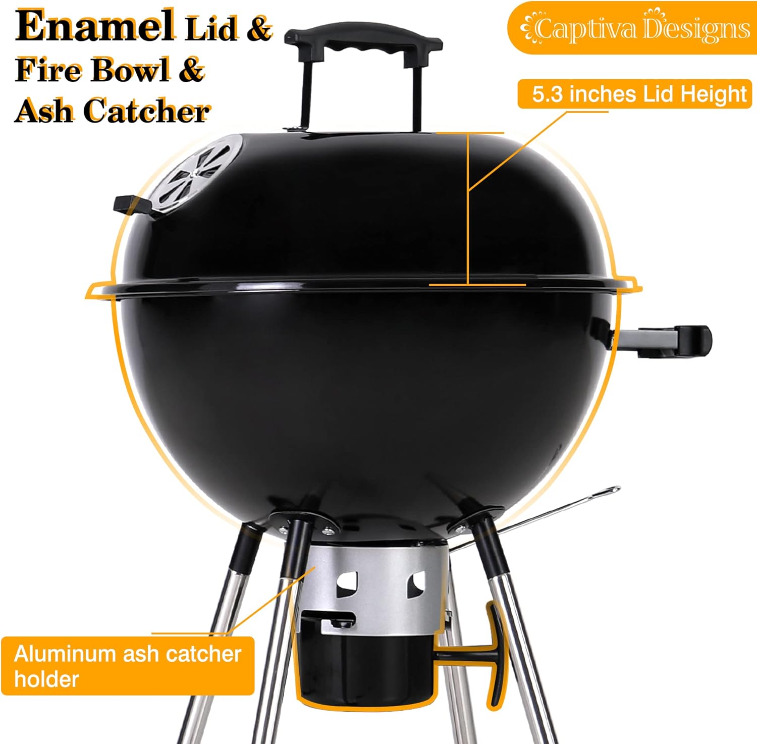 Captiva Designs Parrilla de barbacoa de carbón de 18 pulgadas con tapa y cuenco esmaltados de porcelana, rejilla gruesa cromada, atrapa cenizas