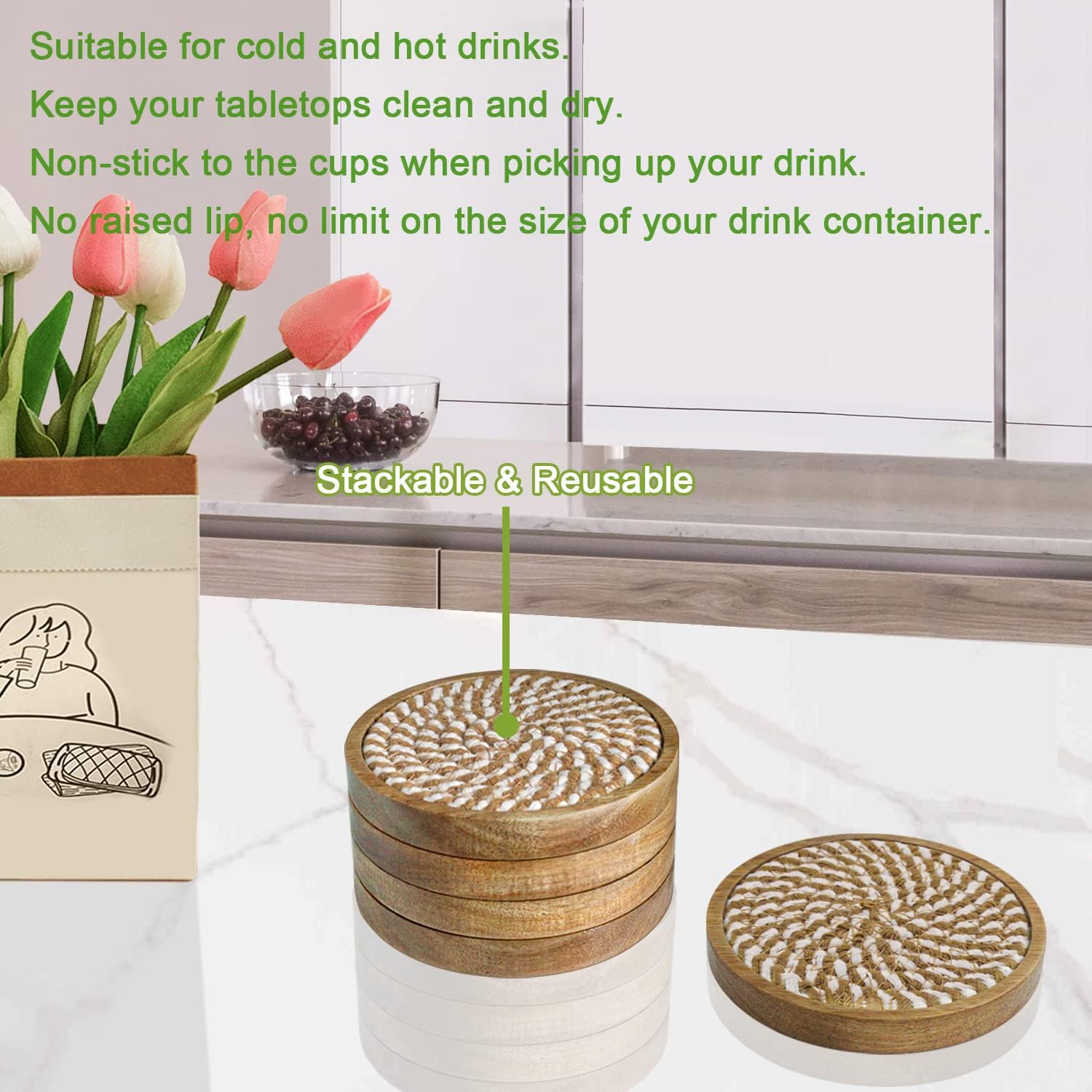 Eykao Paquete de 5 posavasos absorbentes para bebidas, posavasos tejidos de 4.3 pulgadas para mesas de café, posavasos de madera para protección de
