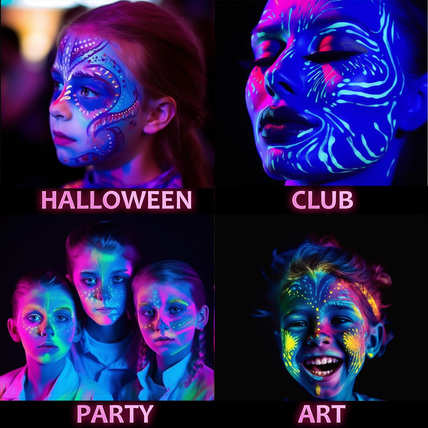 Pintura facial UV brillante, paleta de sombra de ojos de neón de 15 colores, pintura facial a base de agua con luz negra UV para niños, paleta de