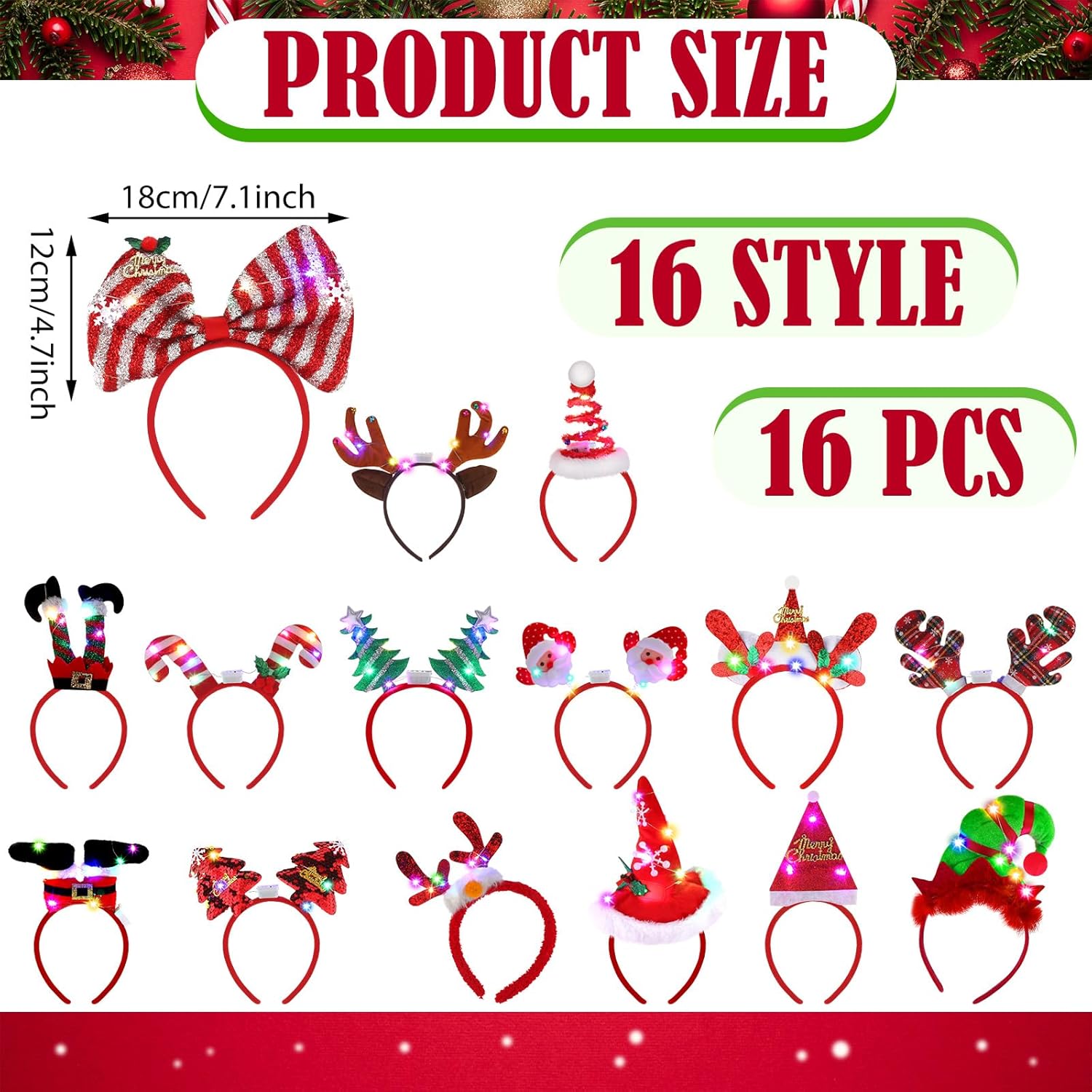 Wettarn 16 diademas LED de Navidad iluminadas, diademas de Navidad, reno, sombrero de Papá Noel, árbol de Navidad, diademas iluminadas para el