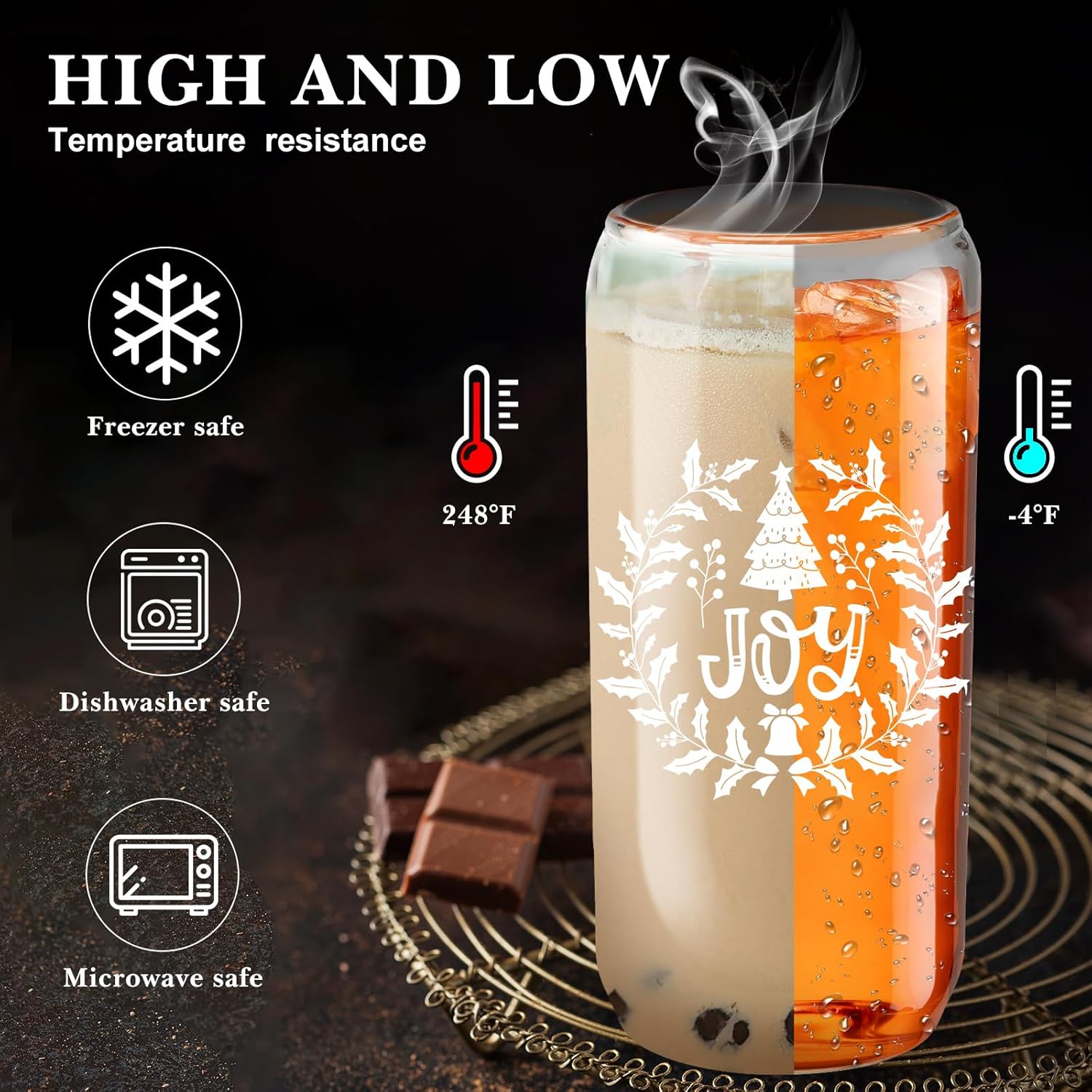 meekoo 8 vasos de cristal de Navidad de 16 onzas con tapas y popotes en forma de lata, taza de café helado, tazas de Navidad para mujeres, niños y
