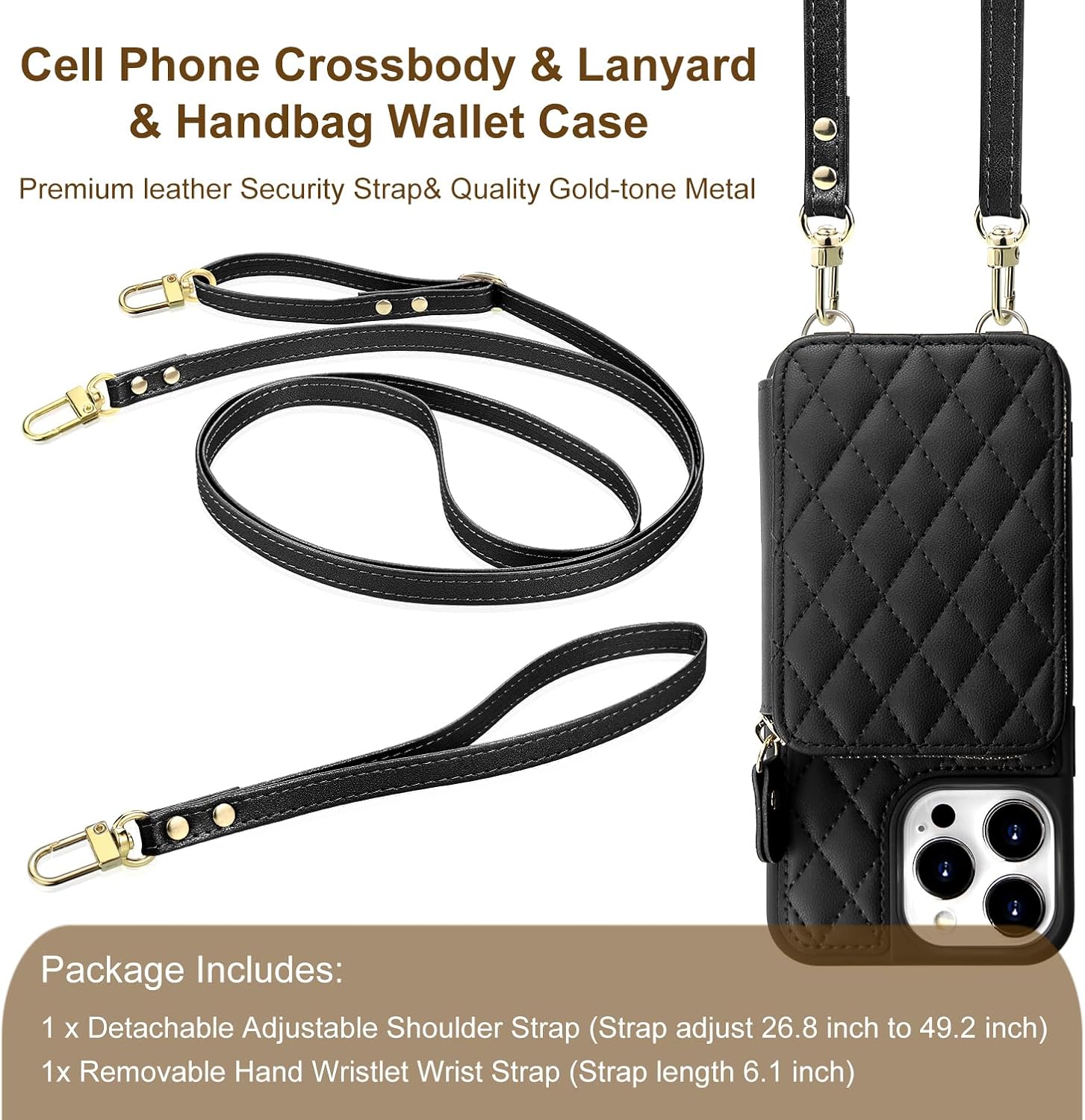 Funda tipo cartera cruzada compatible con iPhone 15 Pro Max con correa de bloqueo RFID, cierre de cremallera, funda de cuero acolchada para