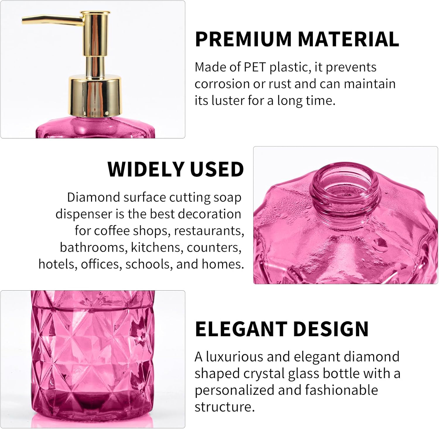 Dispensador de jabón con bomba, dispensador de jabón con patrón de diamante para encimera de cocina, baño, accesorios de baño rosa intenso (paquete