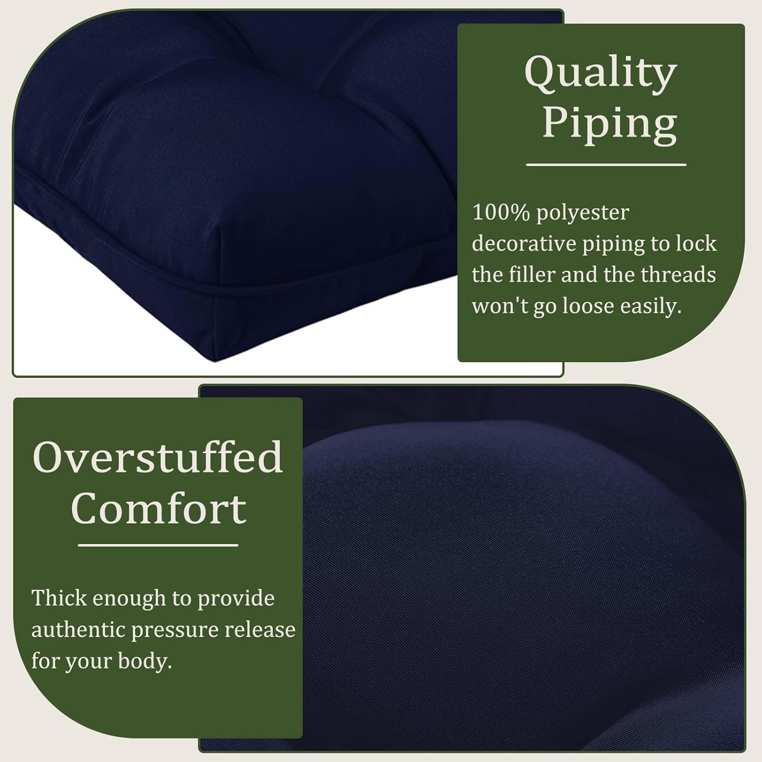 LOVTEX Juego de 4 cojines de asiento copetudos para interiores y exteriores para muebles de patio, 19 x 19 pulgadas, color azul marino, cojines para