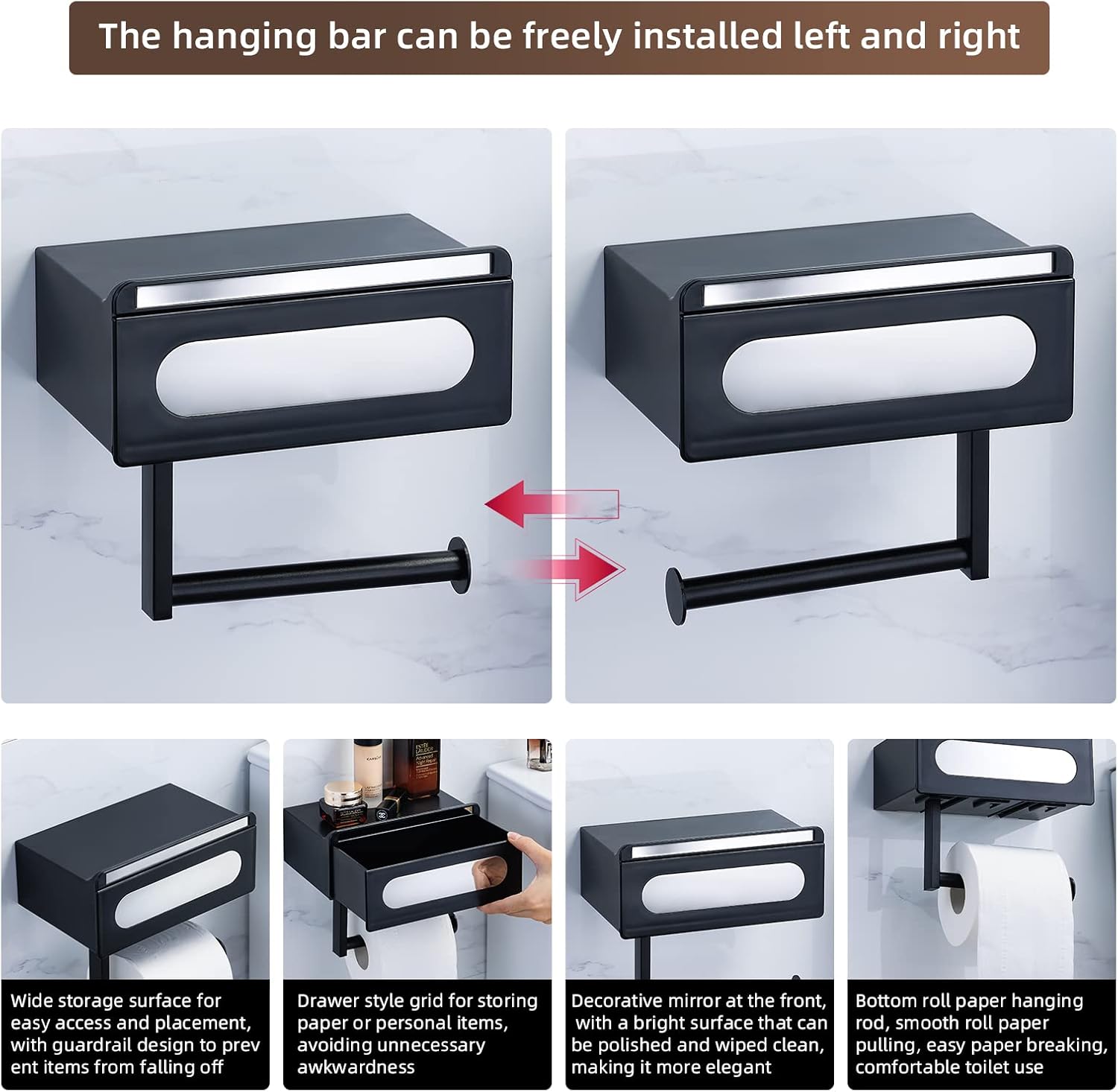 Soporte de papel higiénico autoadhesivo negro mate, material ABS de alta calidad, soporte de papel higiénico de montaje en pared con estante y caja