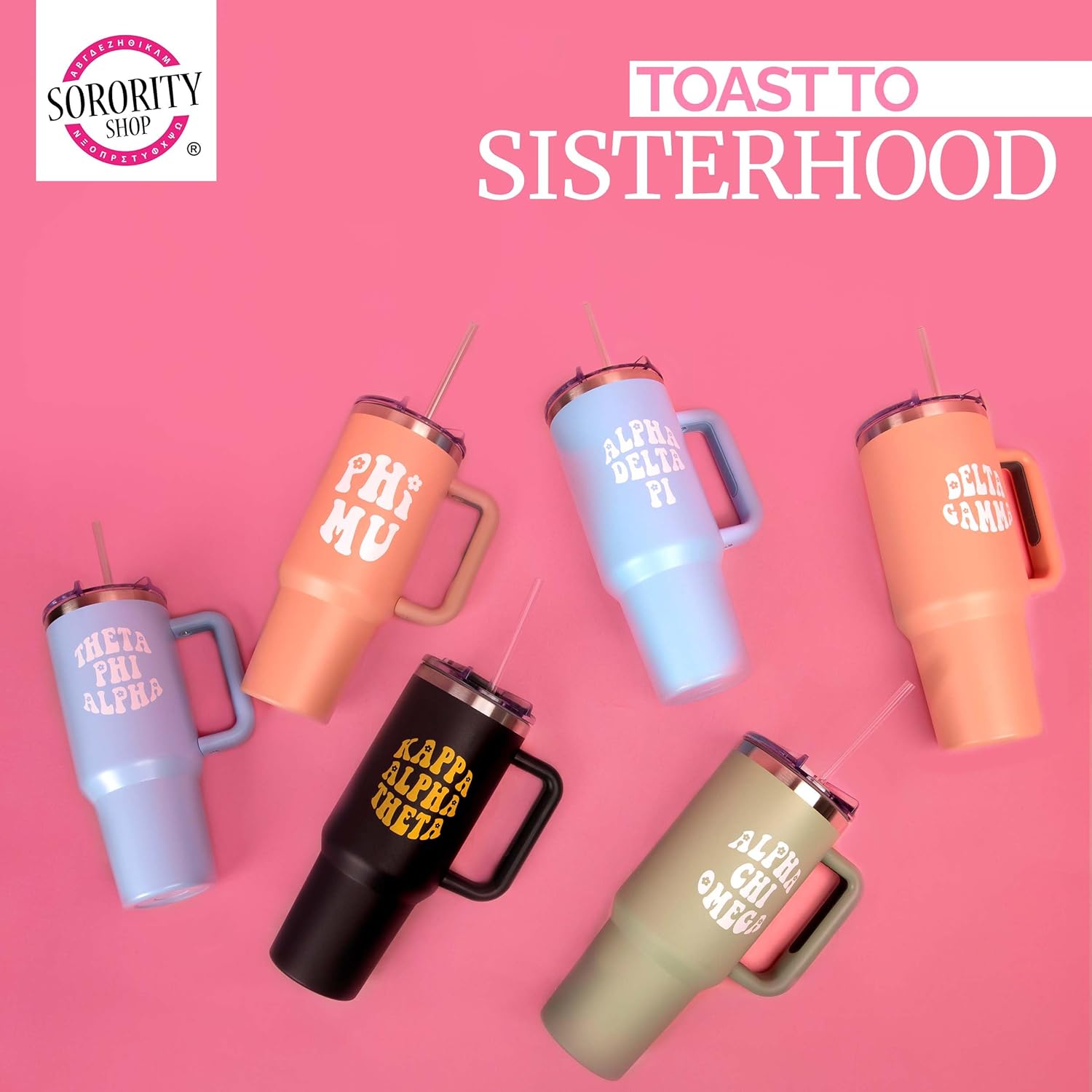 Sorority Shop Alpha Gamma Delta – Vaso con asa de 40 onzas, para mejor amiga, bonito vaso grabado de hermandad, vasos aislados para mantener tus