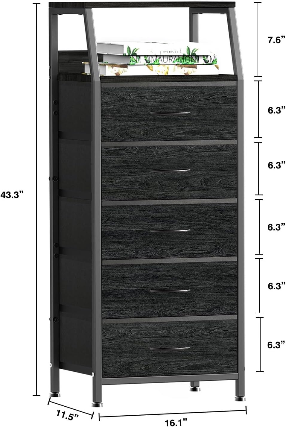 Cómoda negra para dormitorio, organizador de almacenamiento con 5 cajones, torre de almacenamiento vertical de tela, unidades de armario de ropa