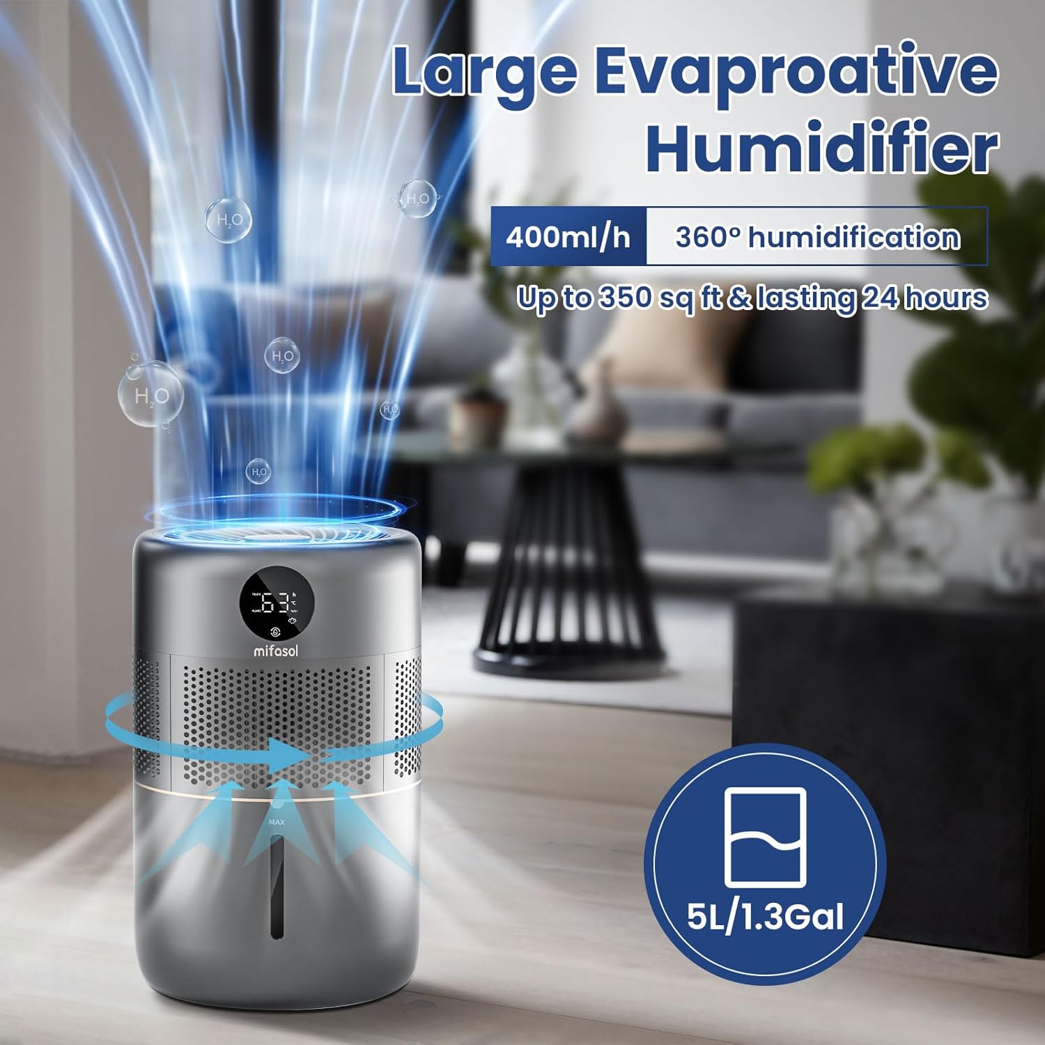 Humidificador evaporativo, humidificadores grandes de 5 L para dormitorio, humidificadores rápidos de 13.5 fl ozh con filtro para el hogar, modo de