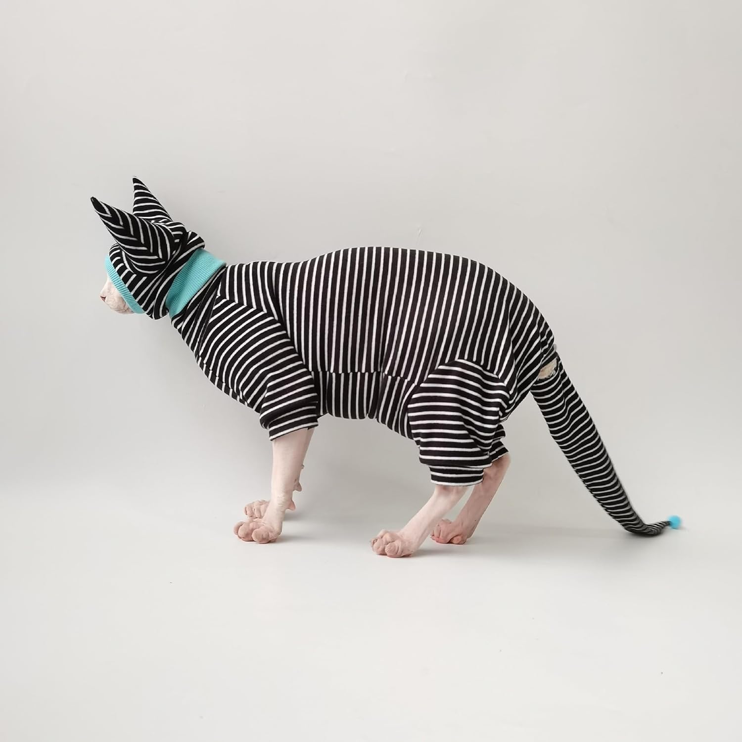 Ropa de gato sin pelo, overol de gato con pijama a rayas de 4 patas, ropa de esfinge, ropa de gato para gatos, mamelucos para mascotas, ropa de gato