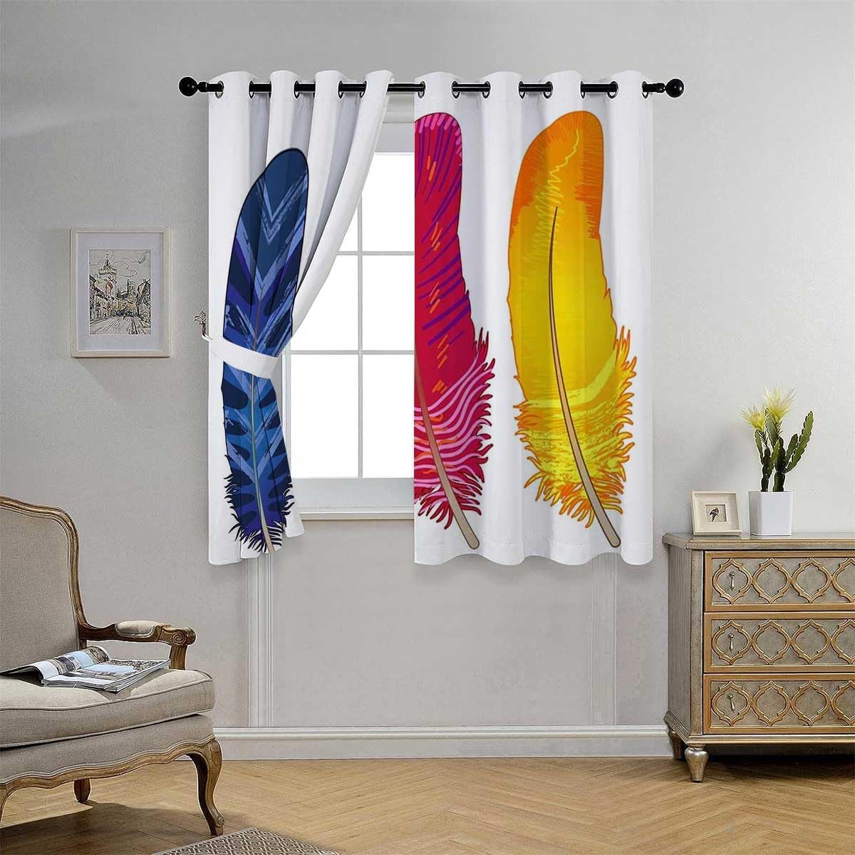 YANFENQI Curtain Set of 2 Colorful Bright Feather Art Divisor De Habitaciones Cortinas para Separar Cuartos 55Inch Width by 45Inch Length,2 Panels