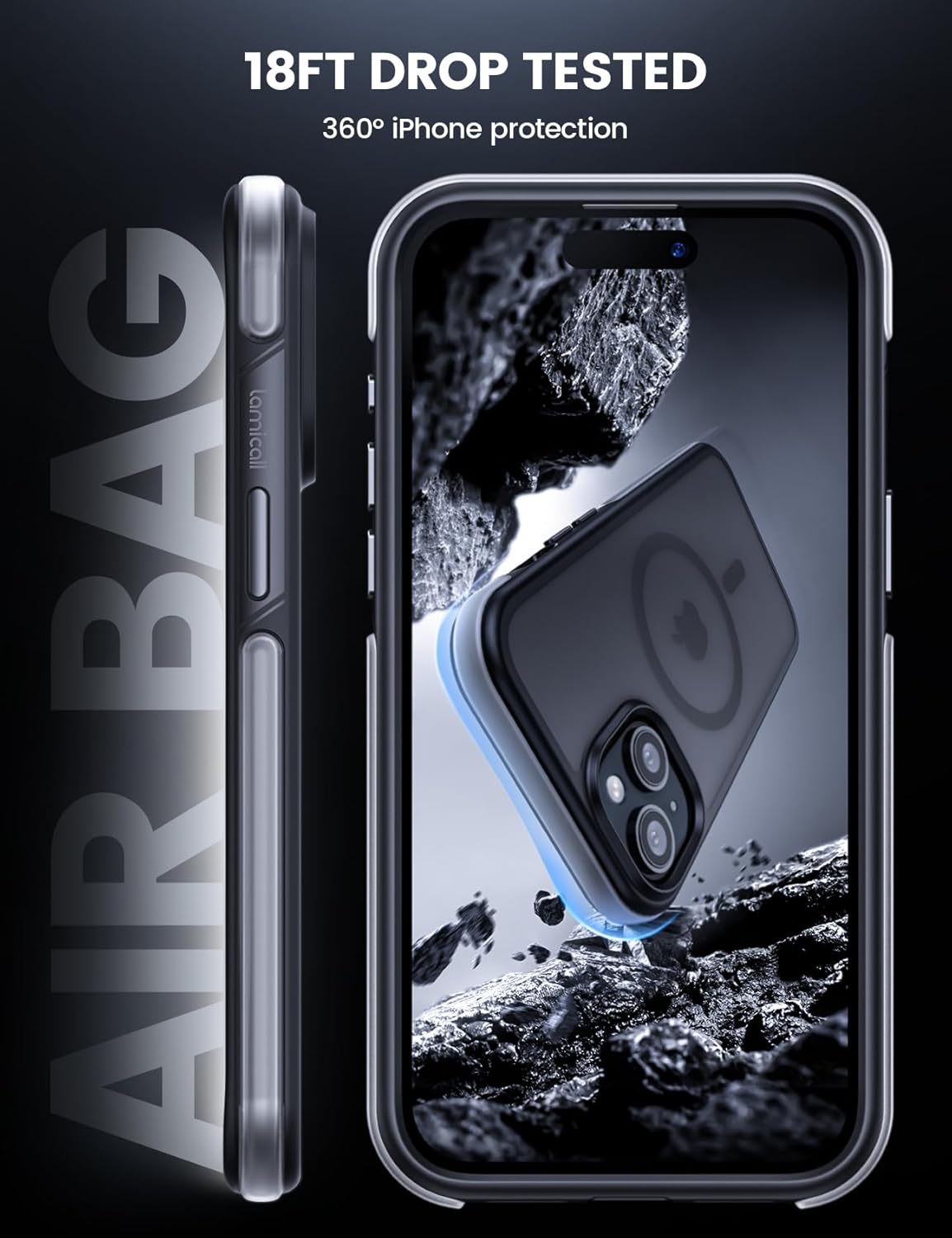 Lamicall Funda magnética para iPhone 15 para MagSafe – protección contra caídas de grado militar de 18 pies Funda con parachoques de aire y bordes
