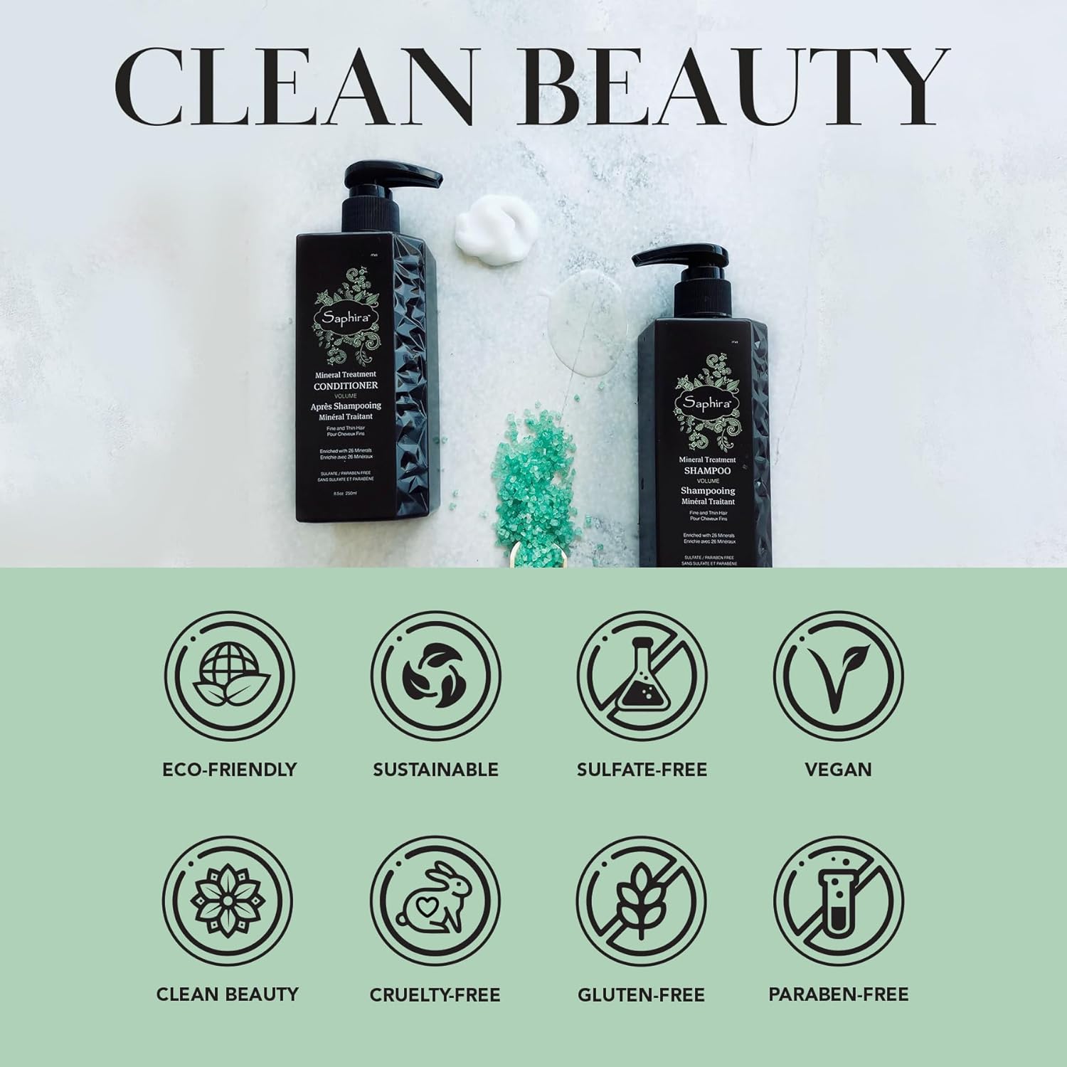 Saphira Champú y acondicionador de tratamiento mineral para cabello fino, fino y tratado con color, sin sulfatos, sin parabenos, fortalece, da