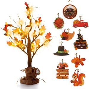 Capoda Árbol de Acción de Gracias para decoración de mesa de Acción de Gracias, árbol de arce iluminado de 24 pulgadas con 18 piezas de adornos Capoda Árbol de Acción de Gracias para decoración de mesa de Acción de Gracias, árbol de arce iluminado de 24 pulgadas con 18 piezas de adornos