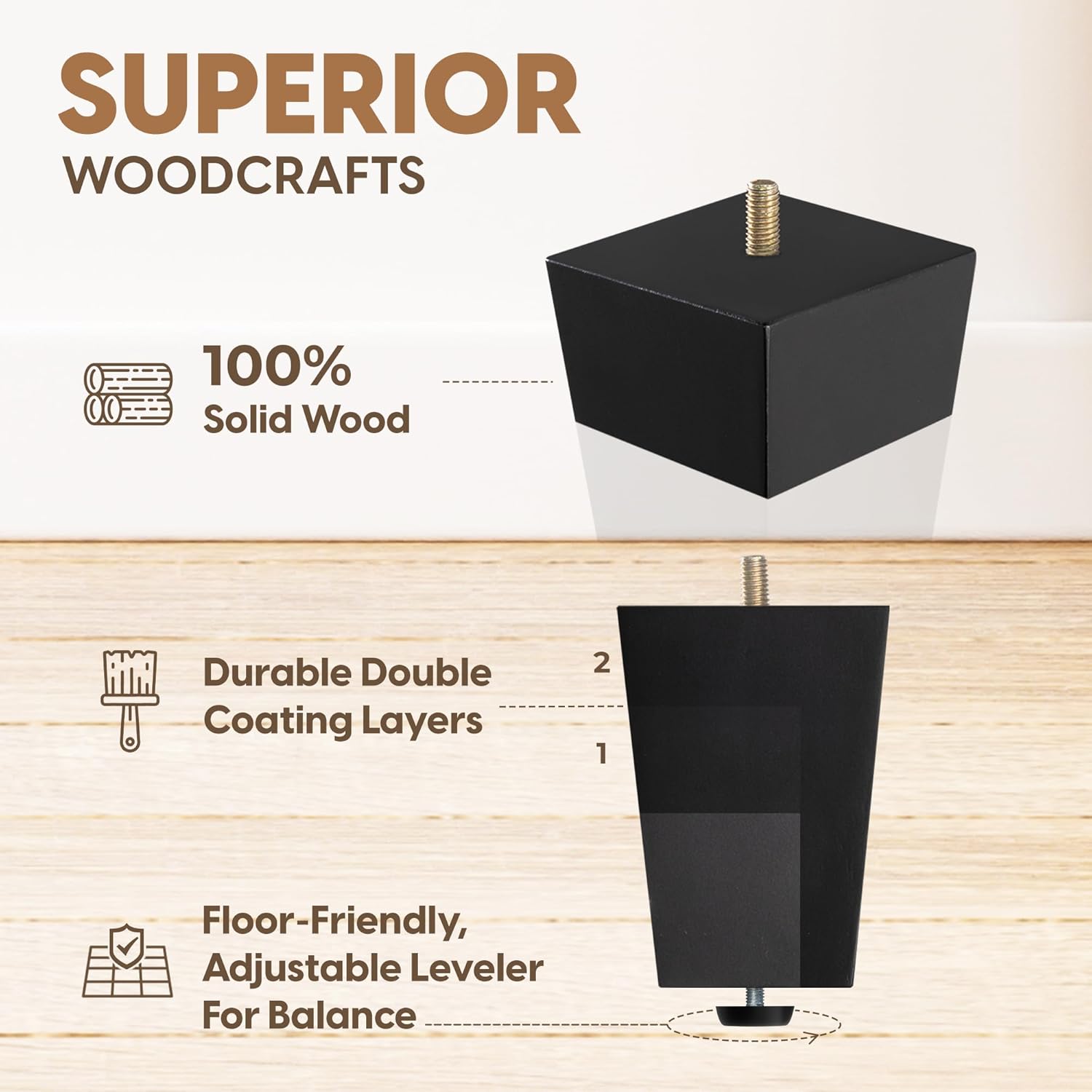 Yes4All Juego de 4 patas cuadradas de madera maciza color negro de 4 pulgadas, patas de muebles resistentes de capacidad de 800 libras con