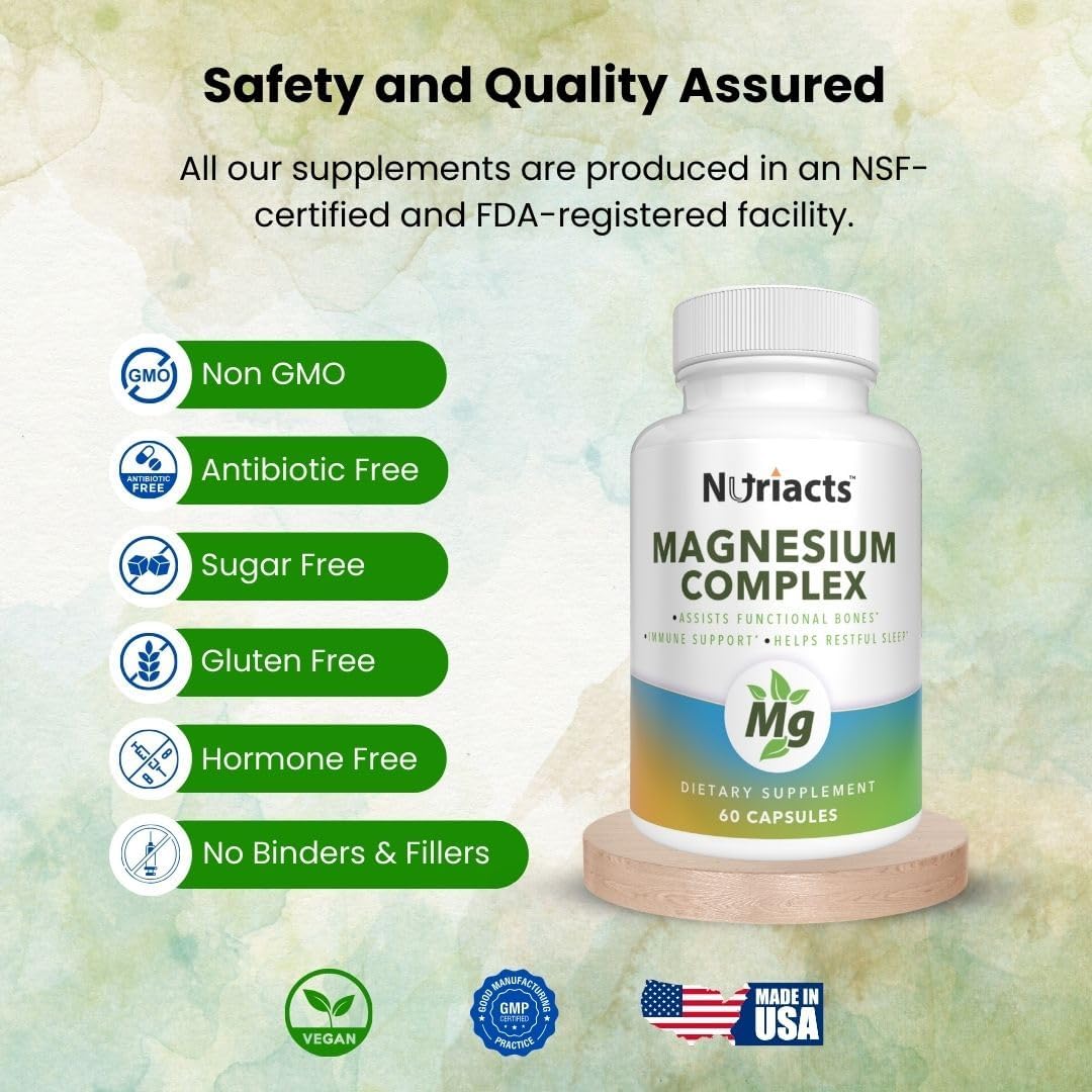 Complejo de magnesio 60 cápsulas energía 4 en 1, estado de ánimo, sueño, apoyo digestivo con aquamina, suave al estómago, fórmula de alta absorción