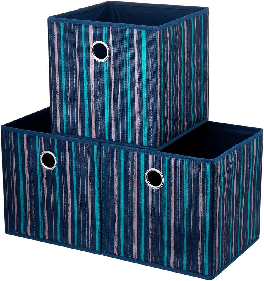 QY-SC17-3 – Cubos de almacenamiento de tela con rayas verde azulado de 11 x 11 x 11 pulgadas, cubos de almacenamiento de tela plegables, cubos de