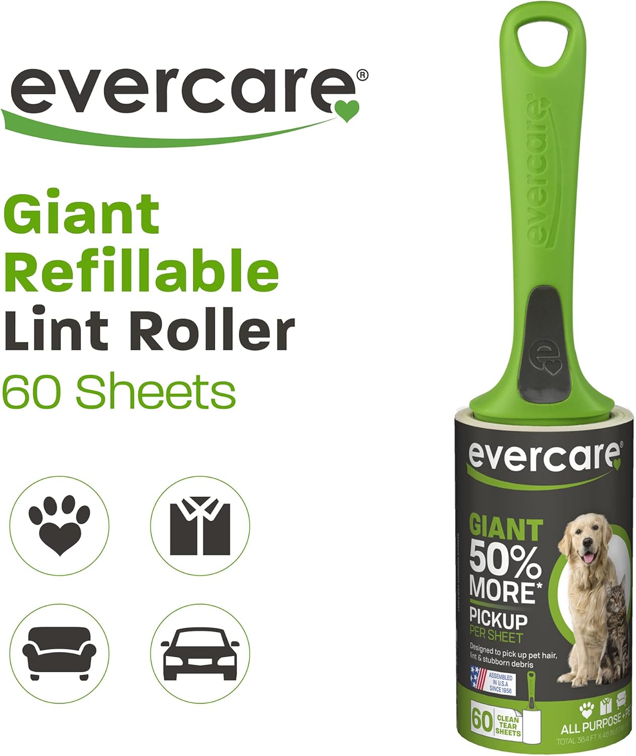 Evercare Pet Extreme Stick – Rodillo de pelusa recargable gigante, 60 hojas, color verde