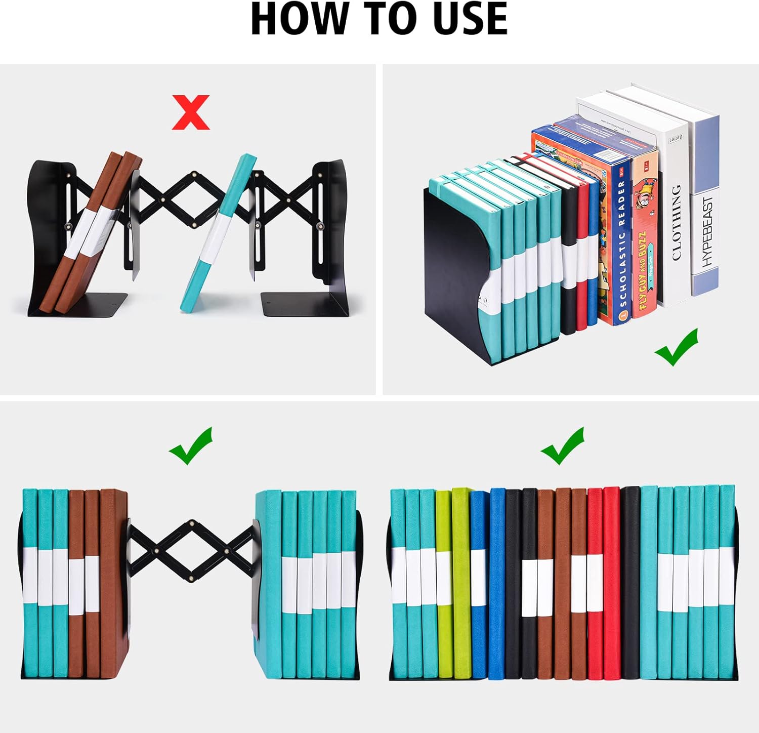 2 sujetalibros ajustables, extremos de metal para libros pesados, 2 divisores, soporte antideslizante para escritorio, estante, oficina, papelería,